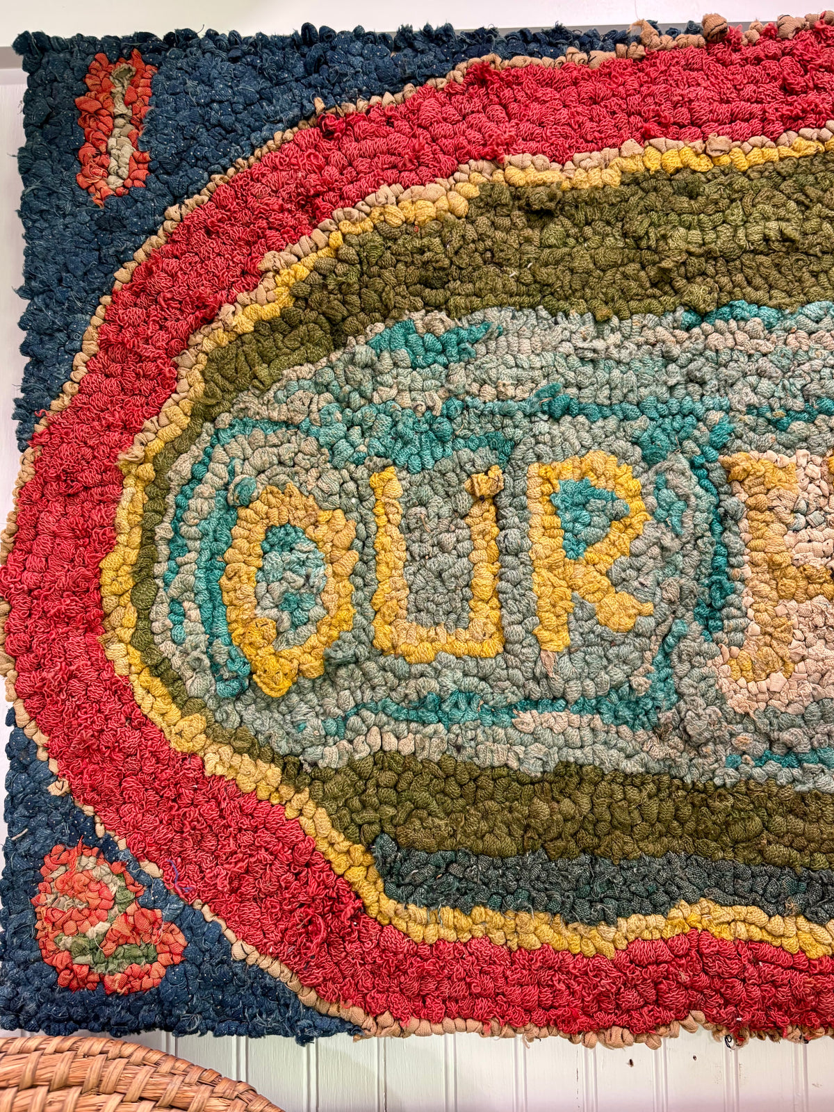 c1920s–1940s “Our Home” Mounted Vintage Hand Hooked Rug - 34 1/2” × 22 1/2”