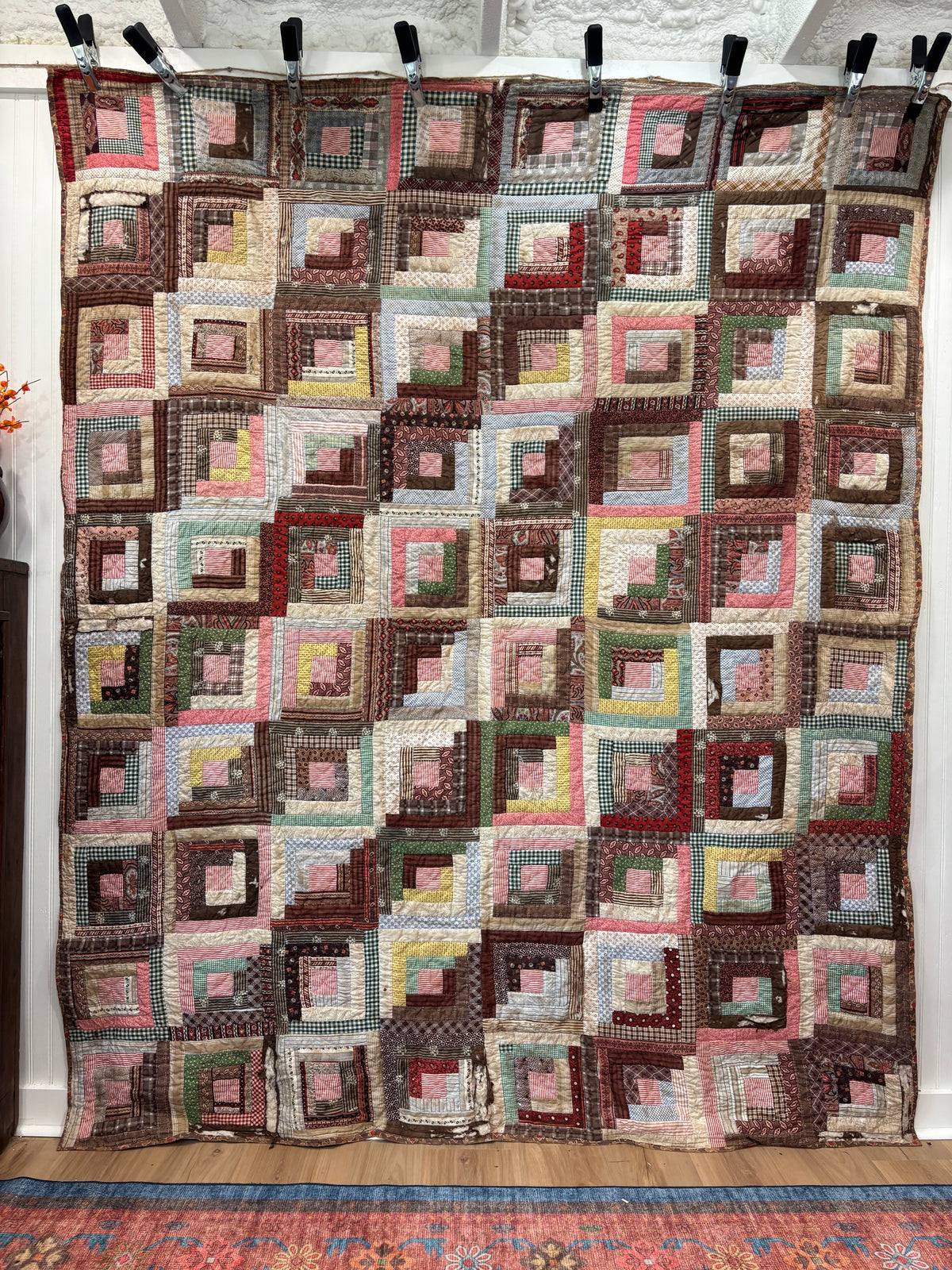 Antique Log Cabin Quilt in Early Calico Prints, c1870–1890