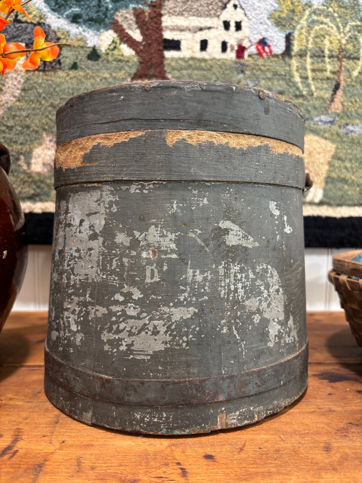 Early Painted Firkin in Blue-Green with Bail Handle, c1860–1880