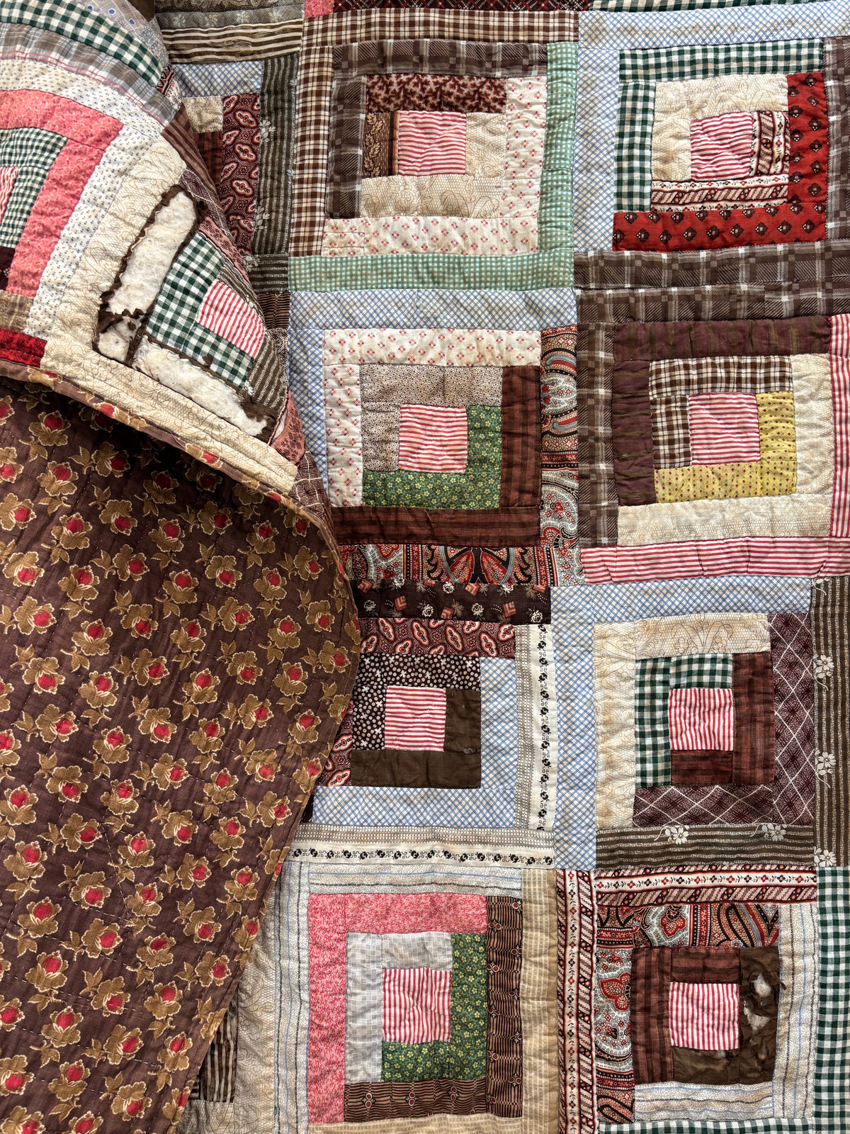 Antique Log Cabin Quilt in Early Calico Prints, c1870–1890