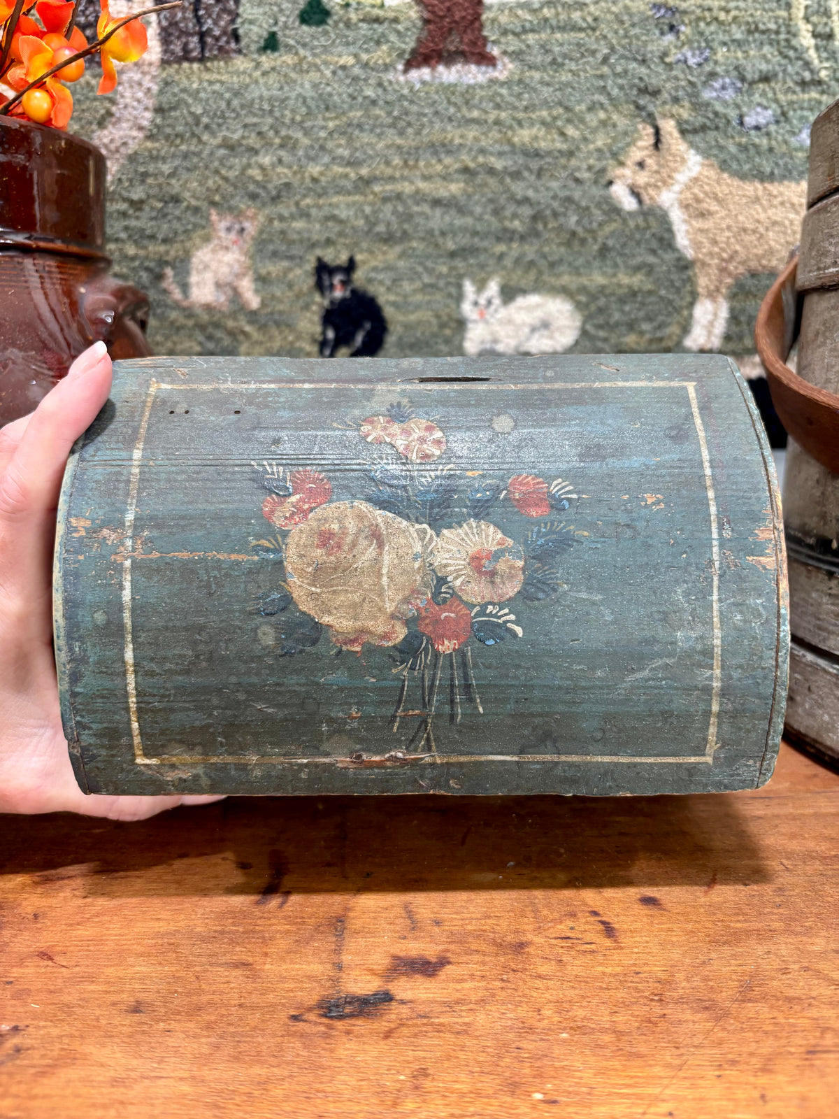 Early Blue Painted Dome-Top Box with Floral Decoration, c1840–1870