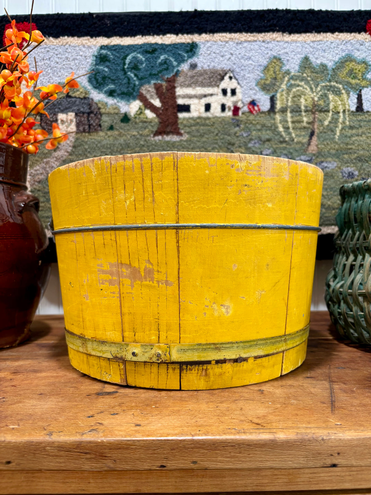 Antique Yellow Painted Wooden Bucket with Bail Handle, c1900–1930