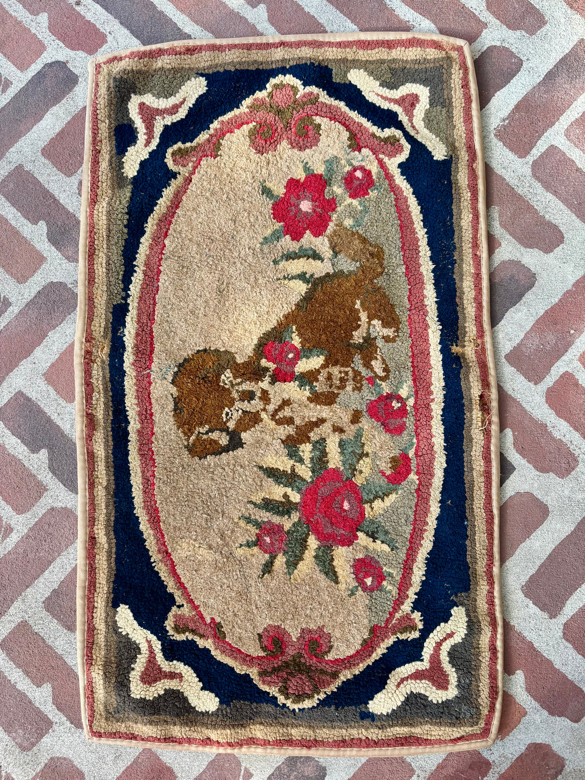 Vintage Hooked Rug with Dog and Roses, c1920–1940