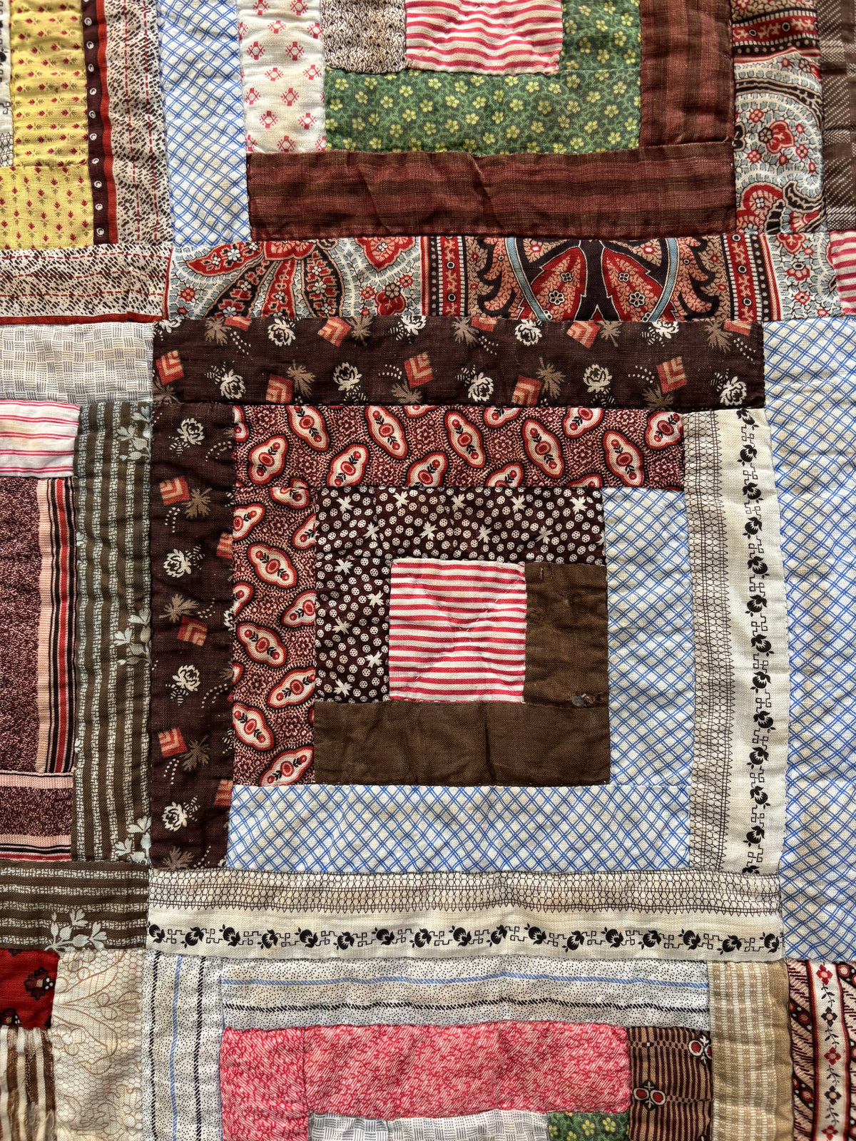 Antique Log Cabin Quilt in Early Calico Prints, c1870–1890