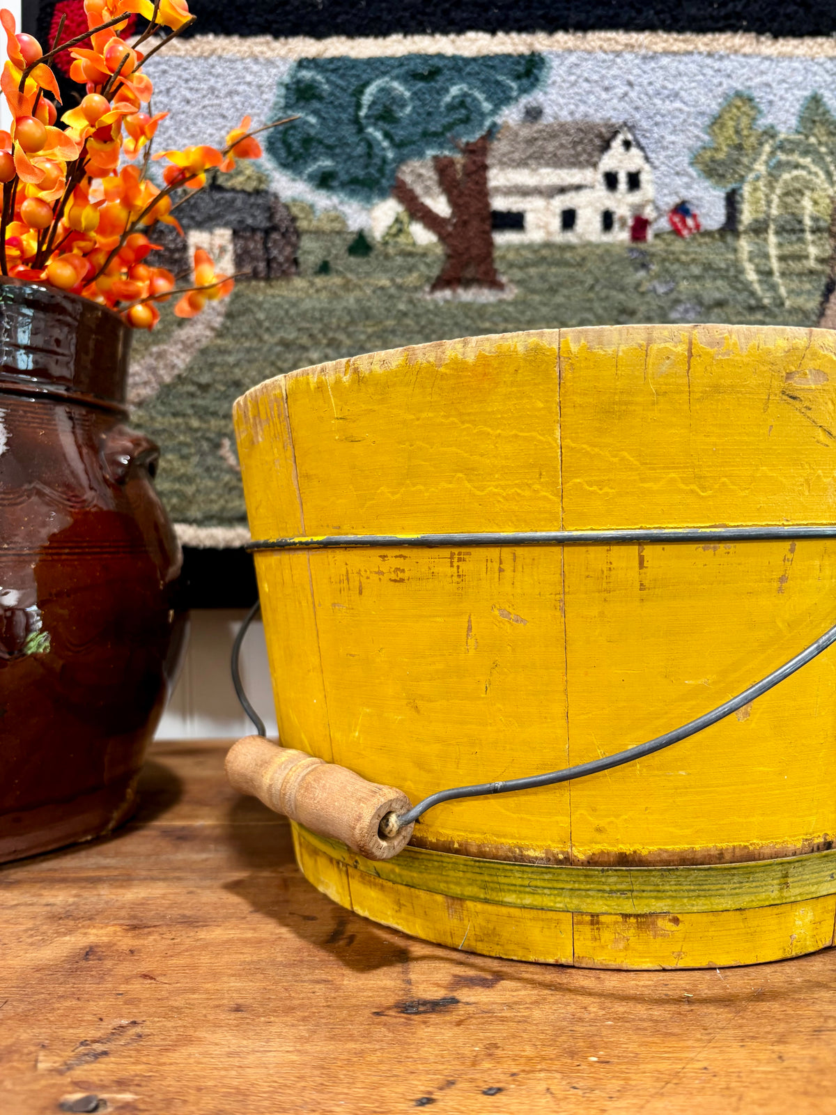 Antique Yellow Painted Wooden Bucket with Bail Handle, c1900–1930