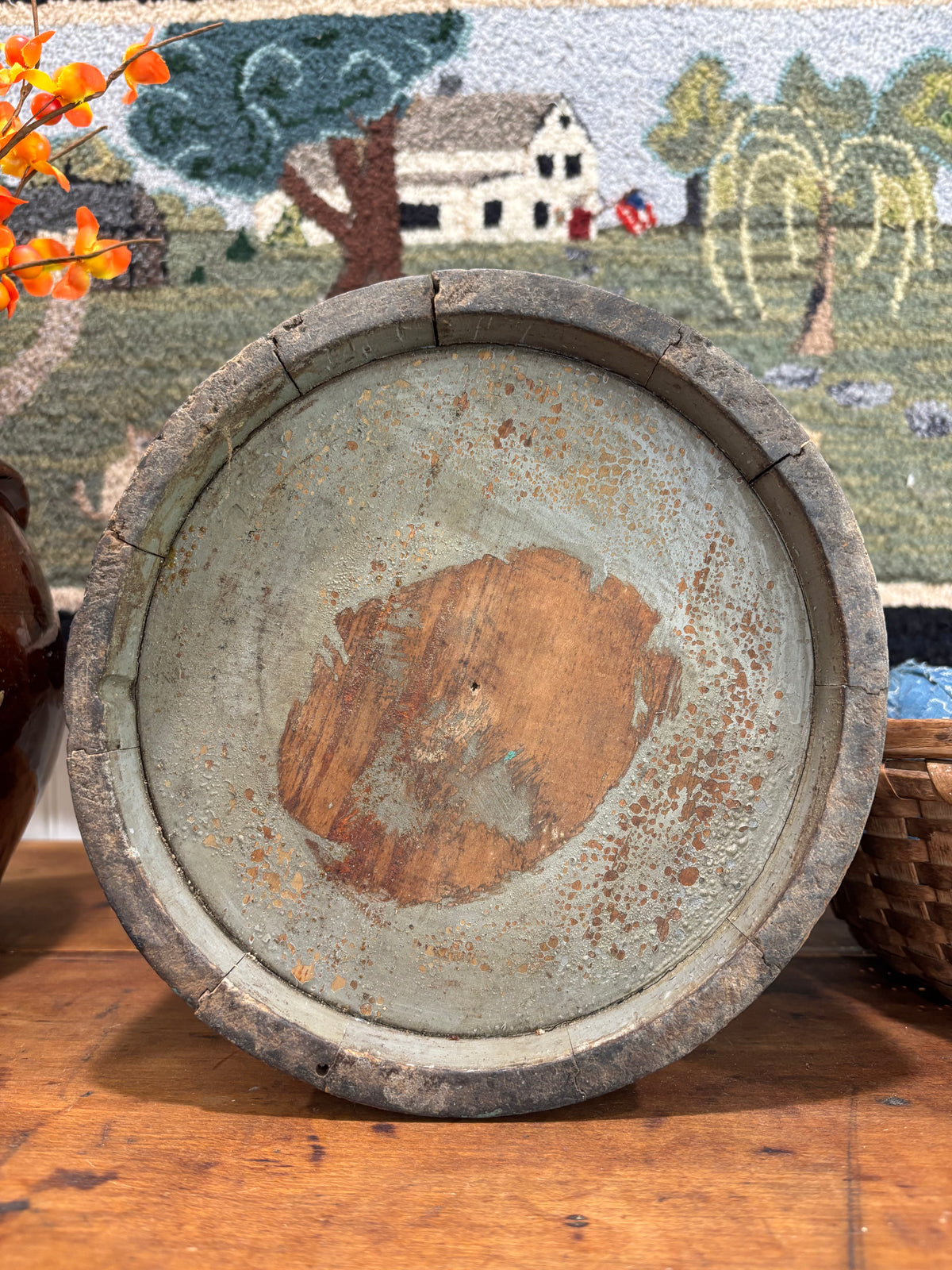 Early Painted Firkin in Blue-Green with Bail Handle, c1860–1880