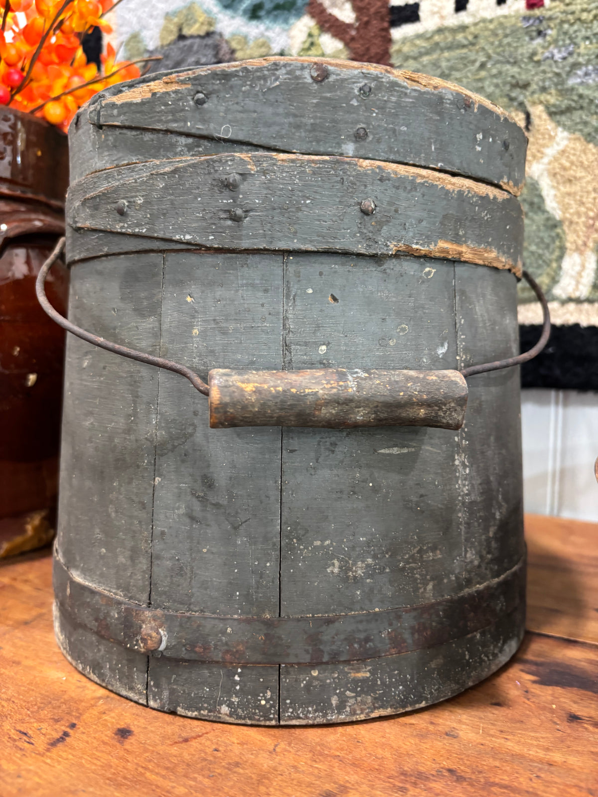 Early Painted Firkin in Blue-Green with Bail Handle, c1860–1880