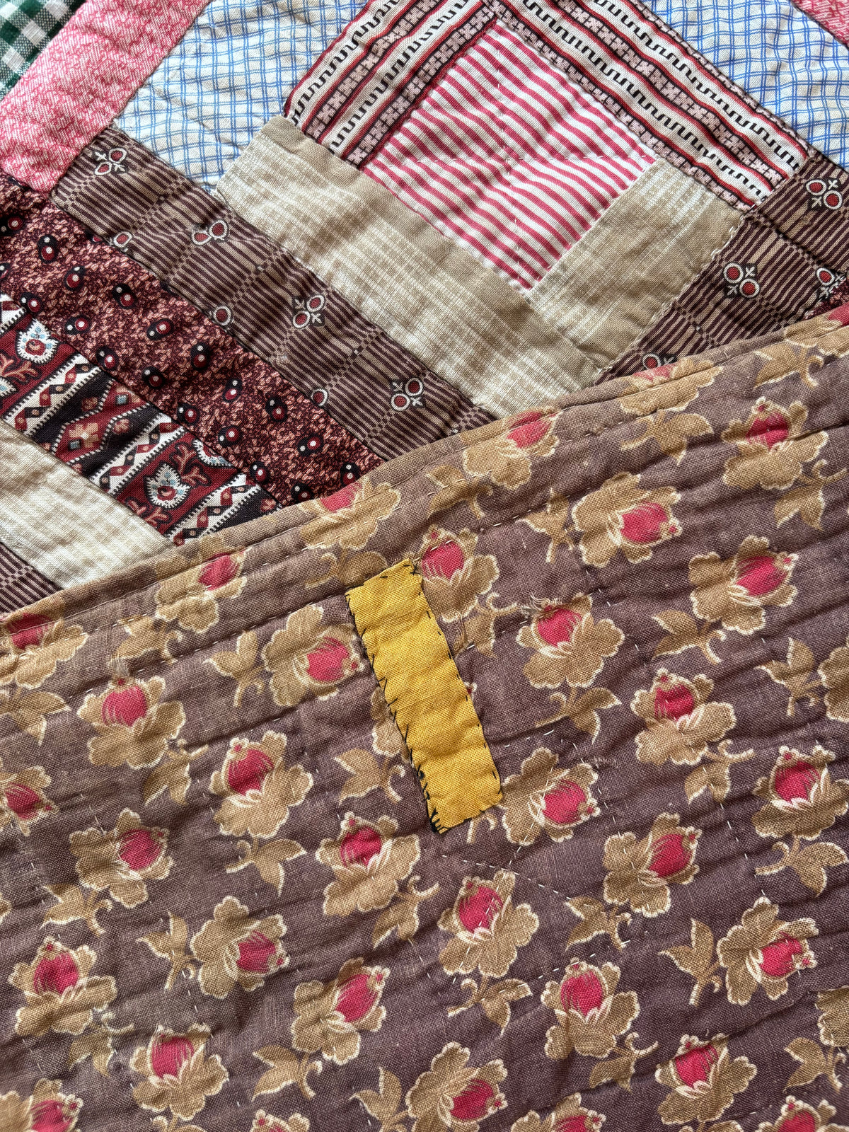 Antique Log Cabin Quilt in Early Calico Prints, c1870–1890