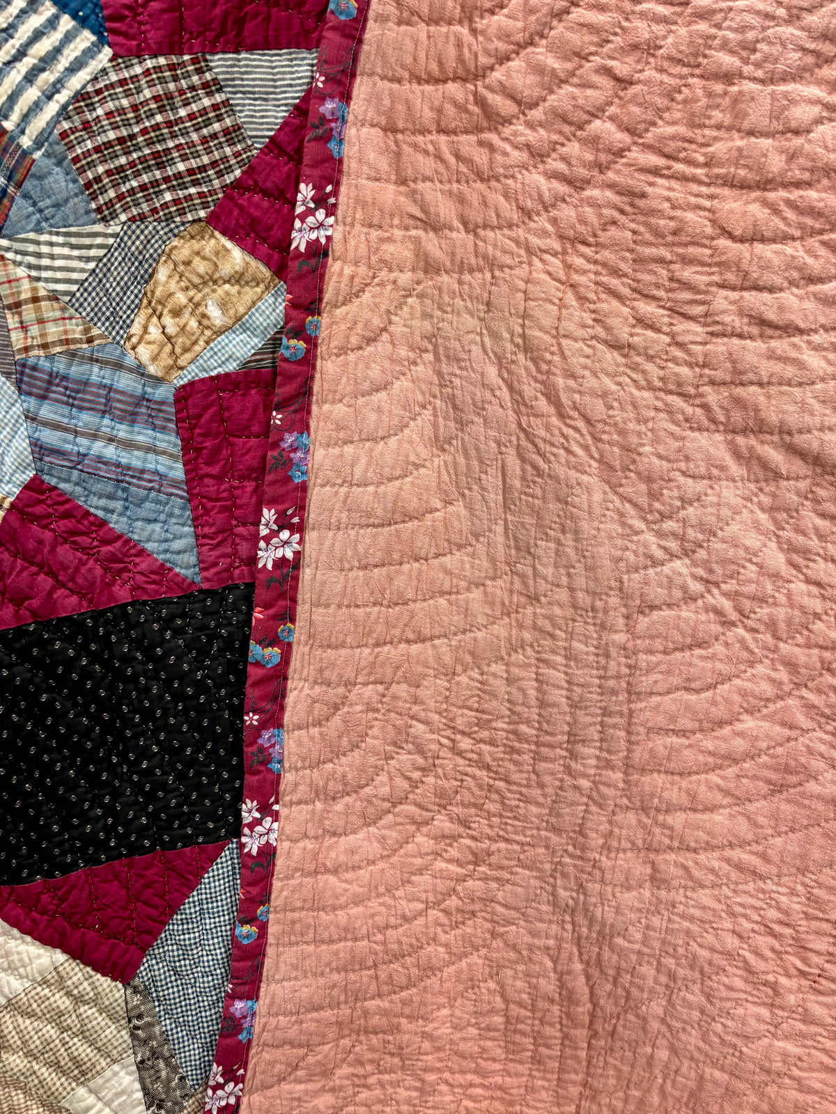 Early 1900s Antique Scrappy Eight-Pointed Star Quilt - 63x83”