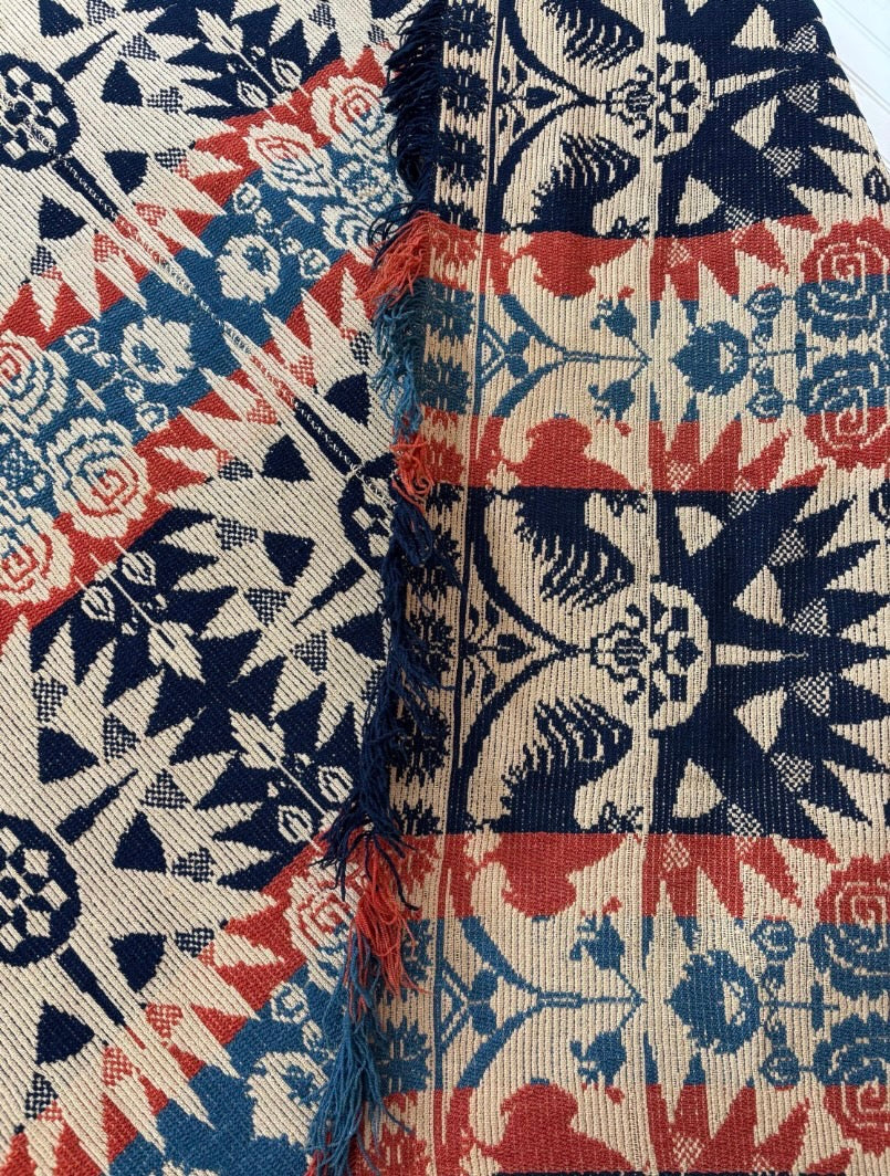 c1850s SIGNED Antique Damask Coverlet, John Bick, Rome, Ohio - Tri-color, Fringe Border, with Eagles