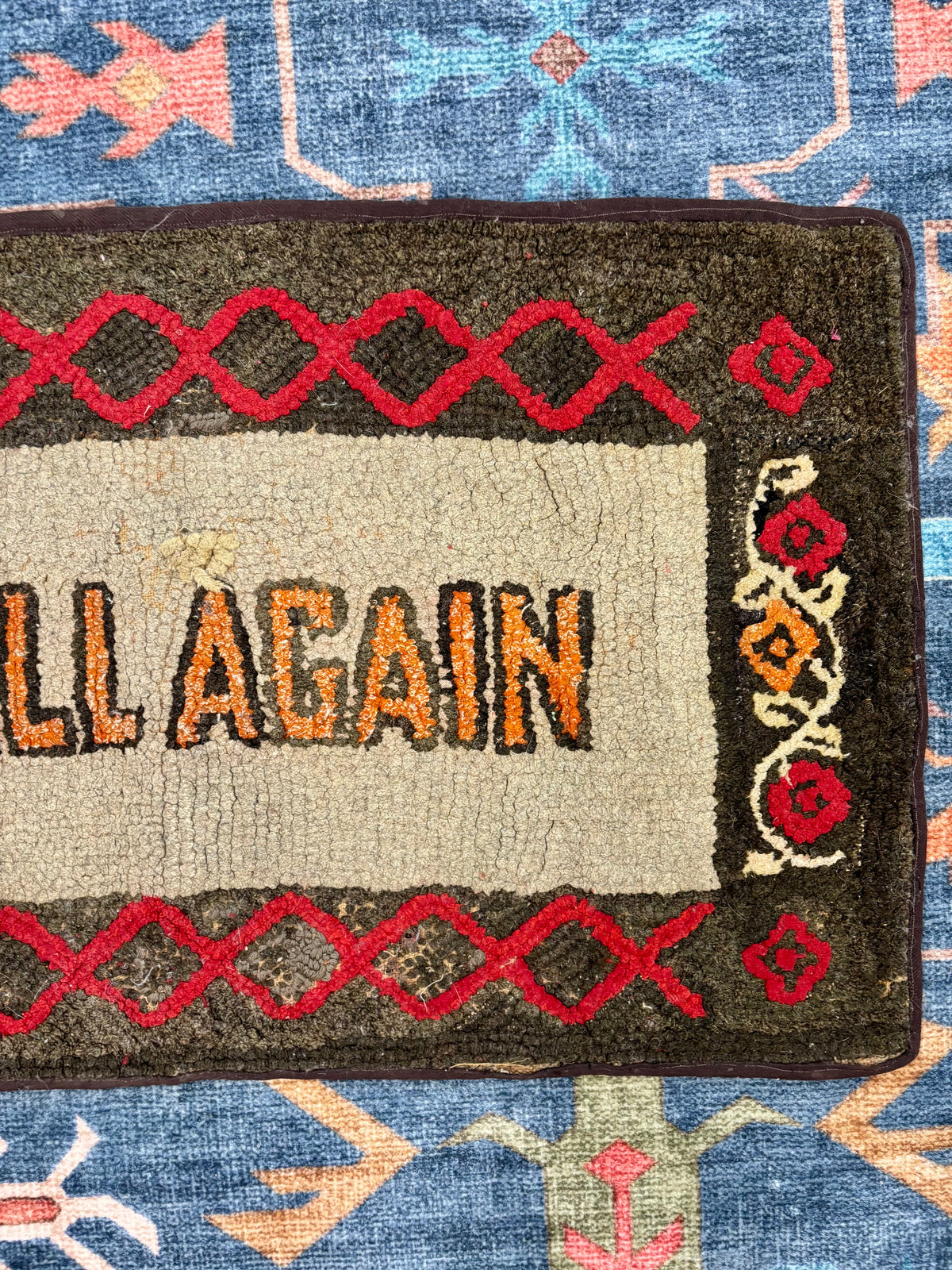 Vintage Hand-Hooked “Call Again” Welcome Rug, c1930–1950