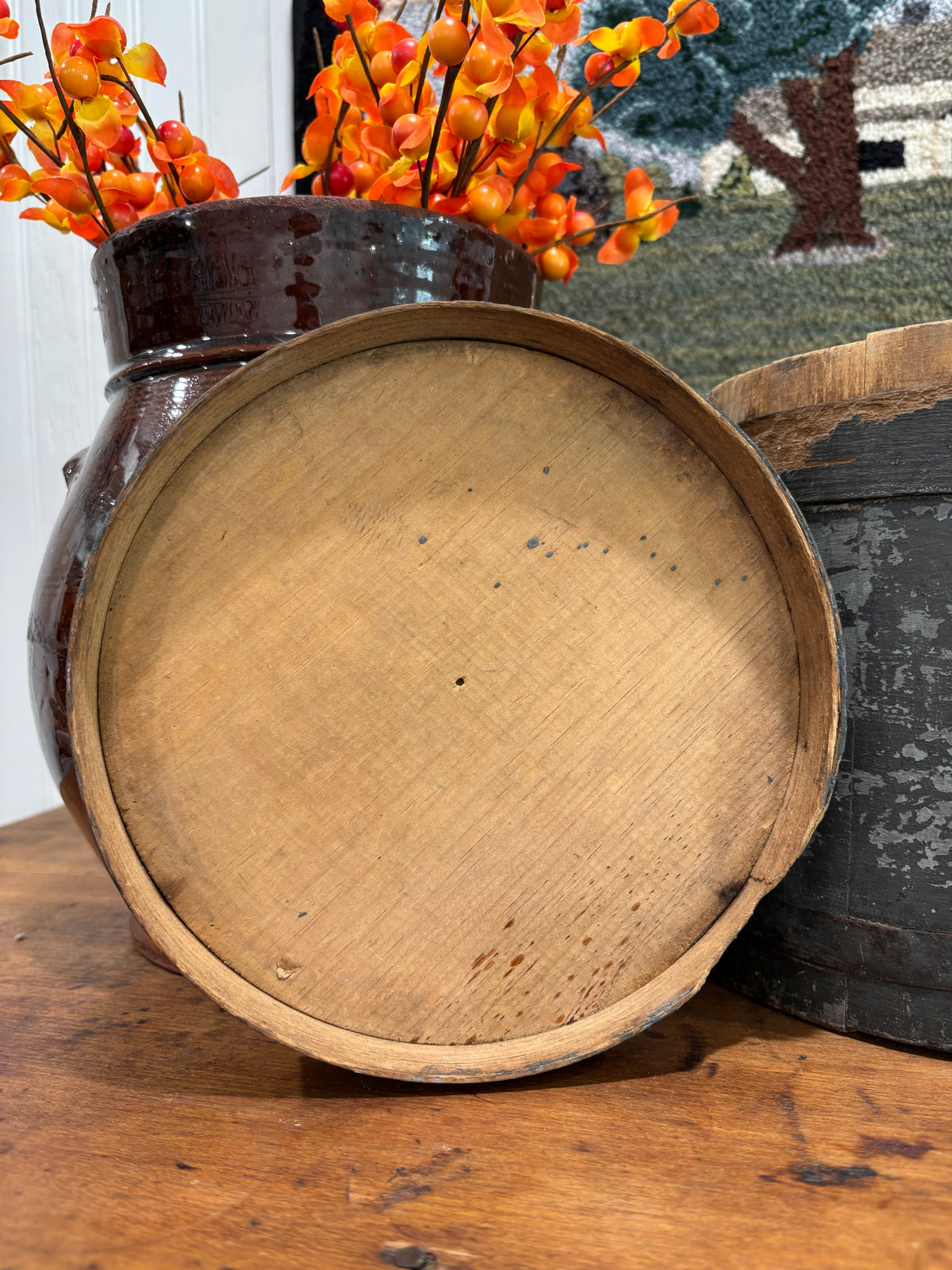 Early Painted Firkin in Blue-Green with Bail Handle, c1860–1880