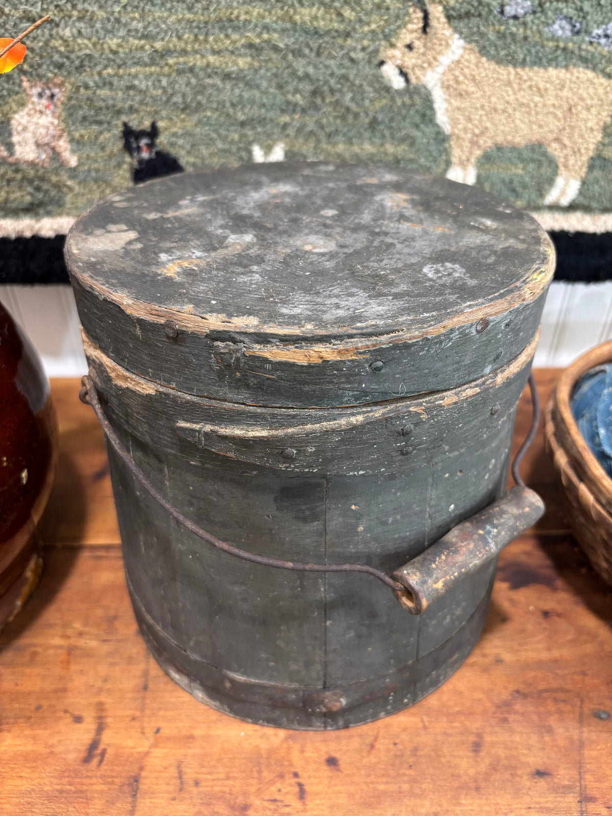 Early Painted Firkin in Blue-Green with Bail Handle, c1860–1880