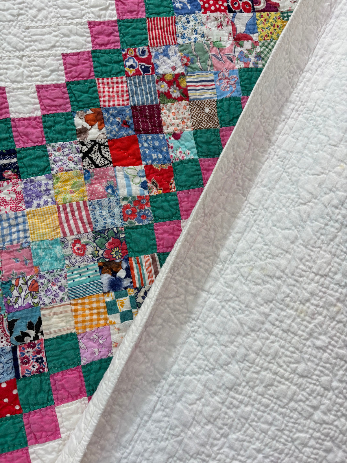 c1930-40s Vintage Postage Stamp Quilt - 71x92”