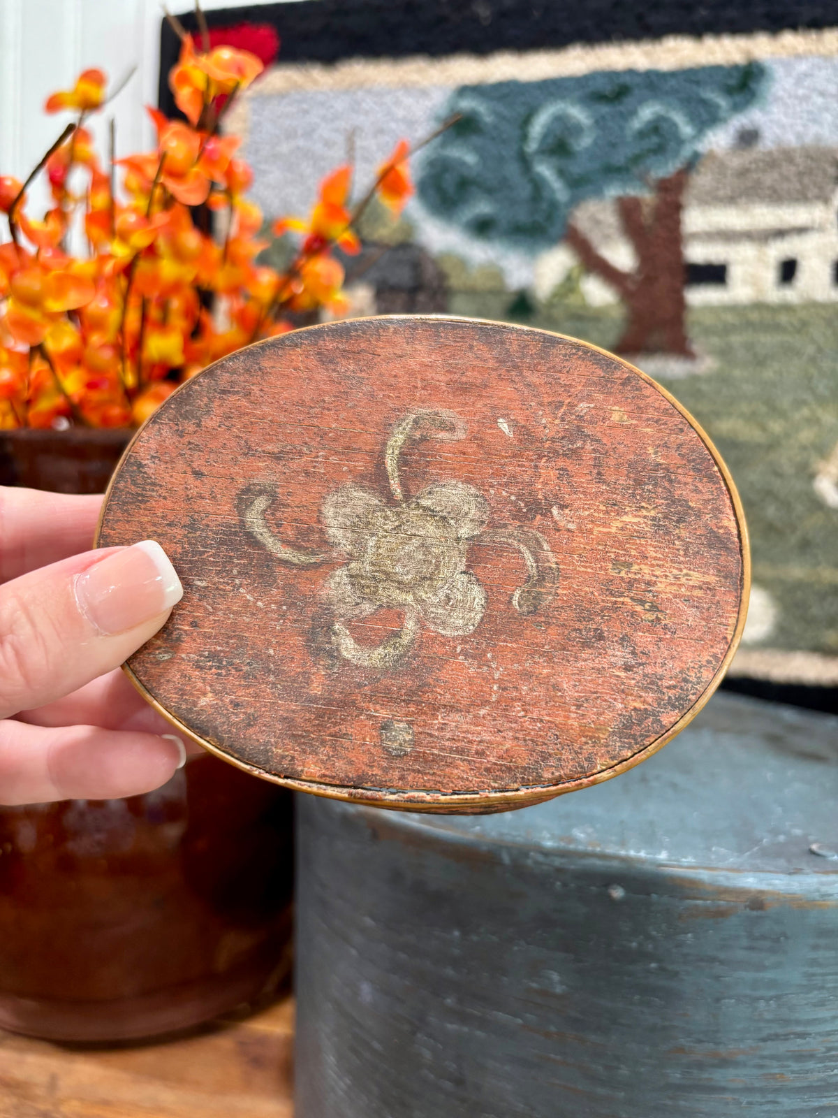Miniature Salmon-Red Painted Pantry Box with Floral Decoration, c1850–1880
