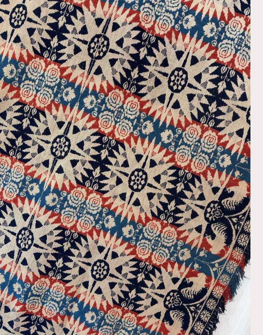 c1850s SIGNED Antique Damask Coverlet, John Bick, Rome, Ohio - Tri-color, Fringe Border, with Eagles