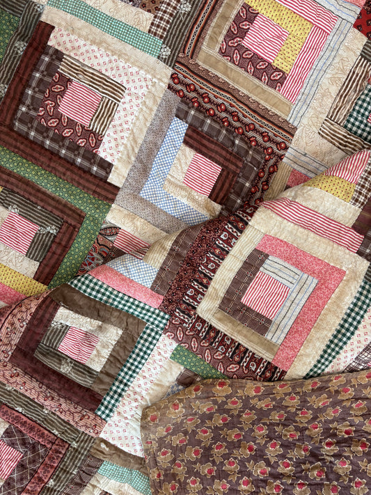 Antique Log Cabin Quilt in Early Calico Prints, c1870–1890