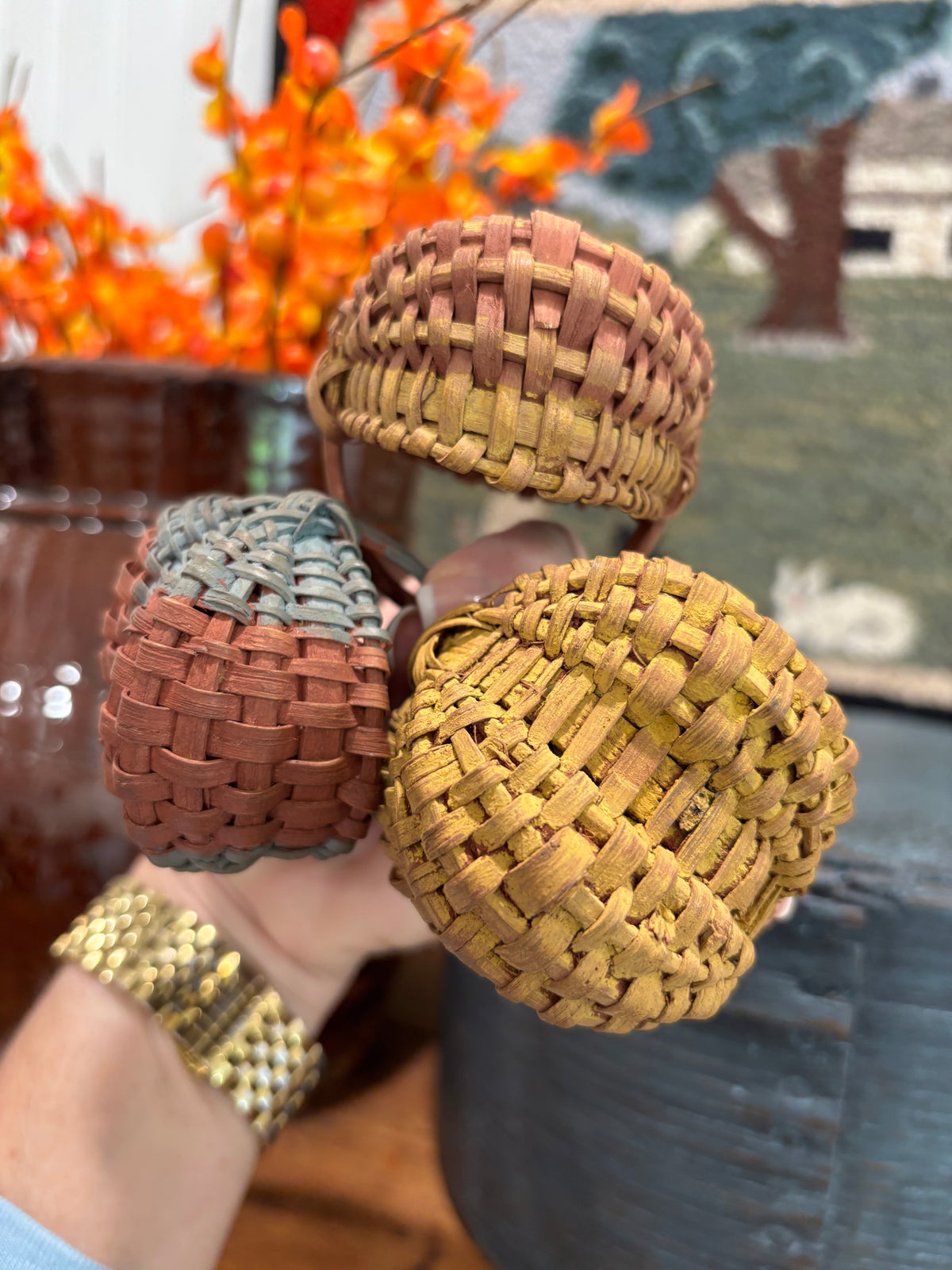 Set of Three Vintage Miniature Handwoven Painted Baskets