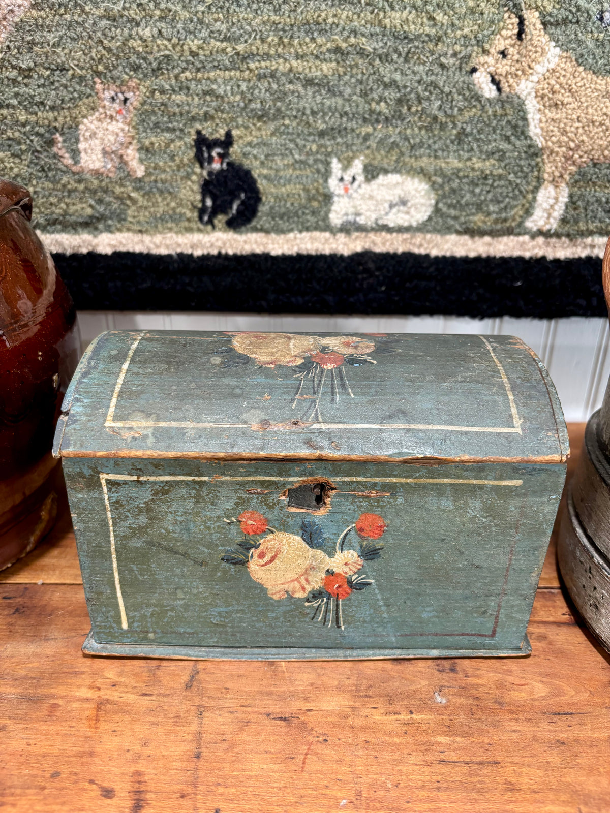 Early Blue Painted Dome-Top Box with Floral Decoration, c1840–1870