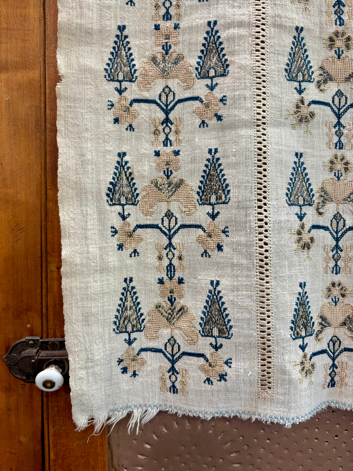 Vintage Embroidered Linen Table Runner, 47” × 18”
