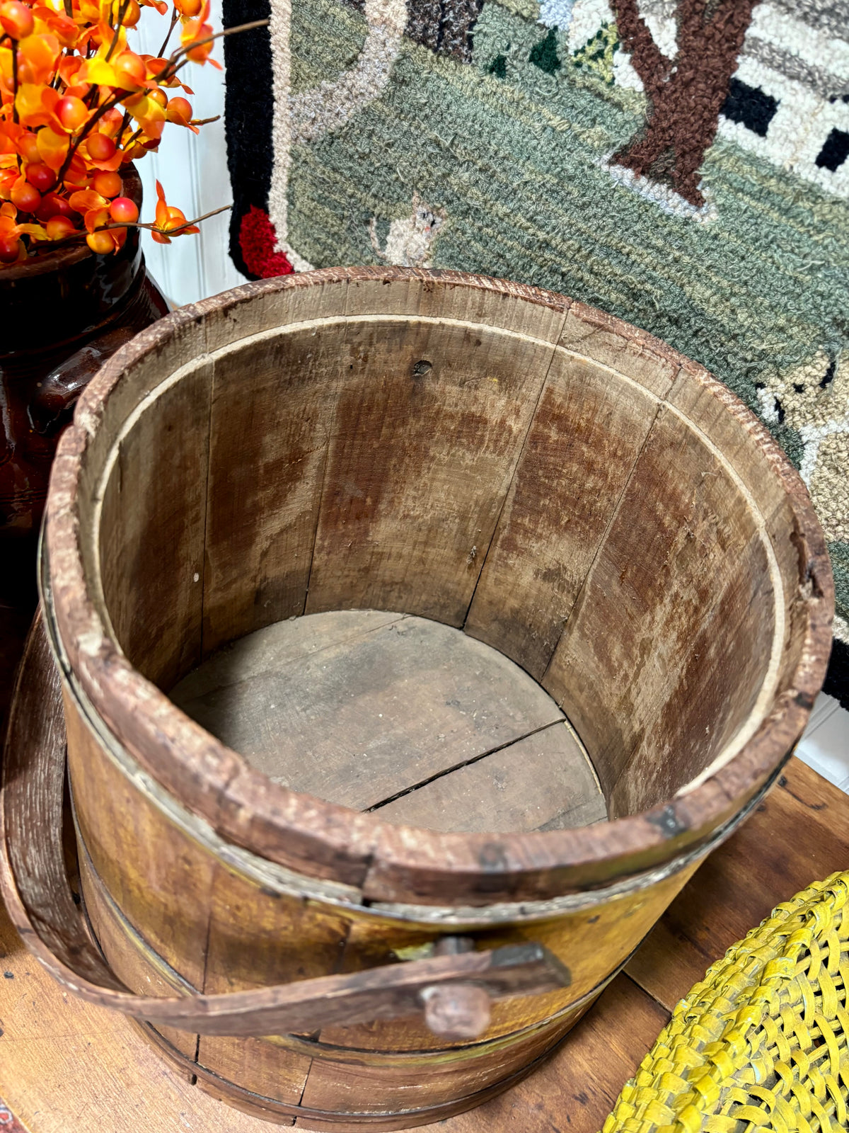Early American Painted Firkin with Red Wash over Yellow, c1860–1880