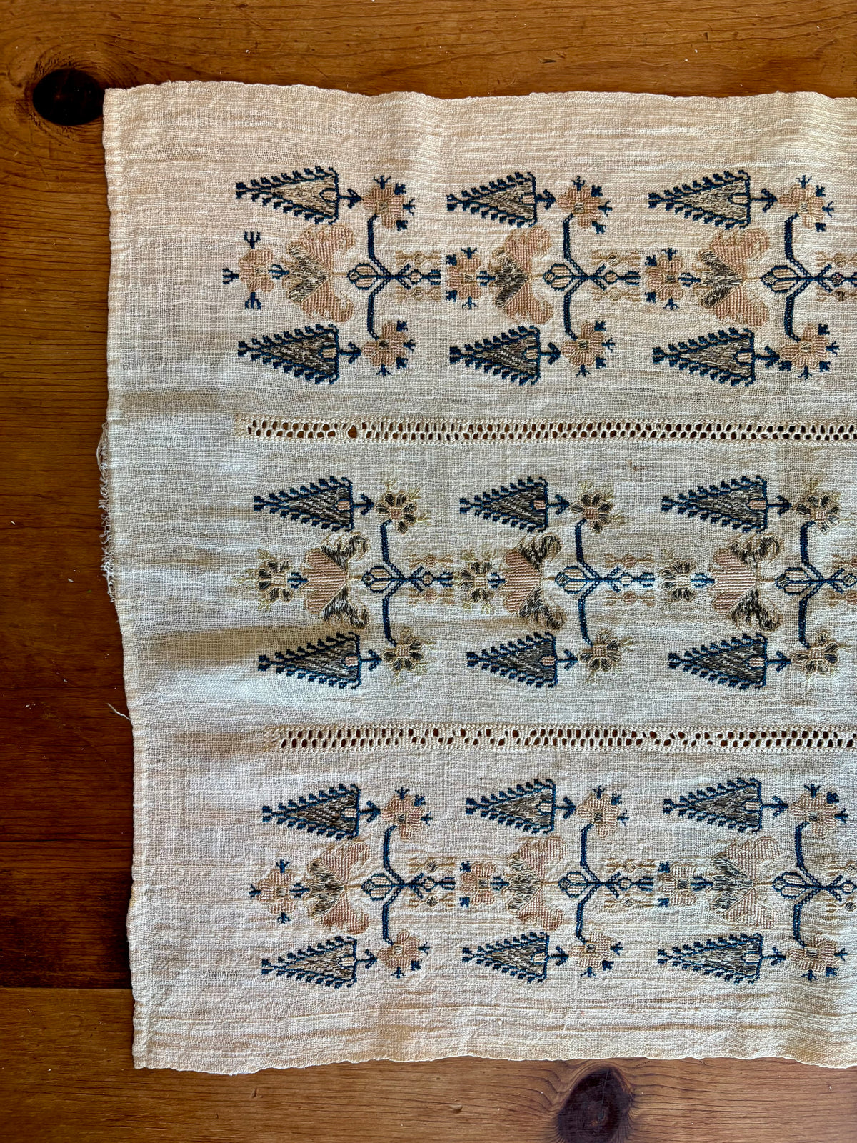 Vintage Embroidered Linen Table Runner, 47” × 18”