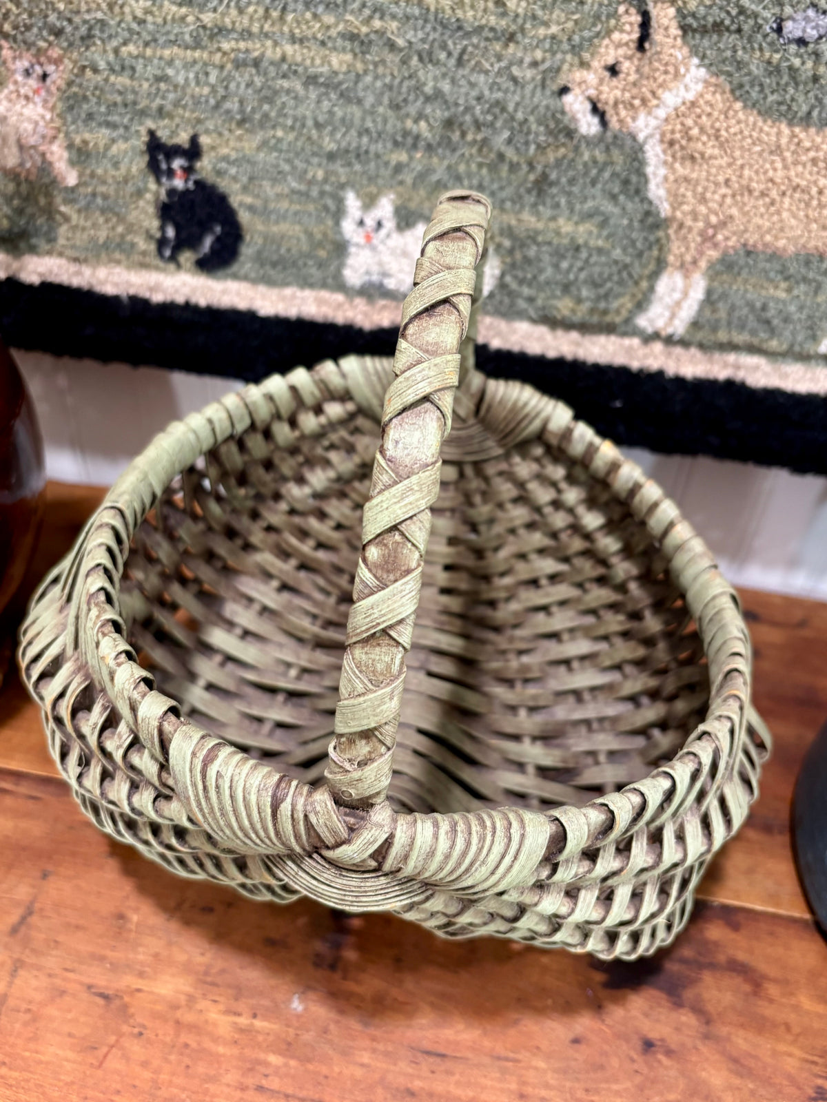 Small Green Painted Splint Basket with Wrapped Handle, c1900–1920