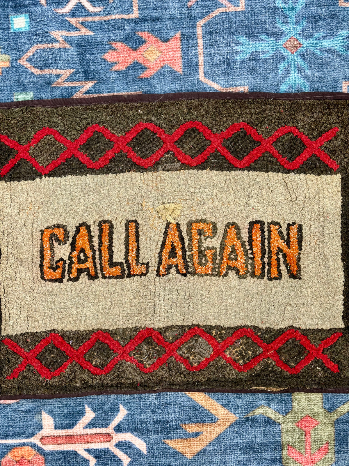 Vintage Hand-Hooked “Call Again” Welcome Rug, c1930–1950