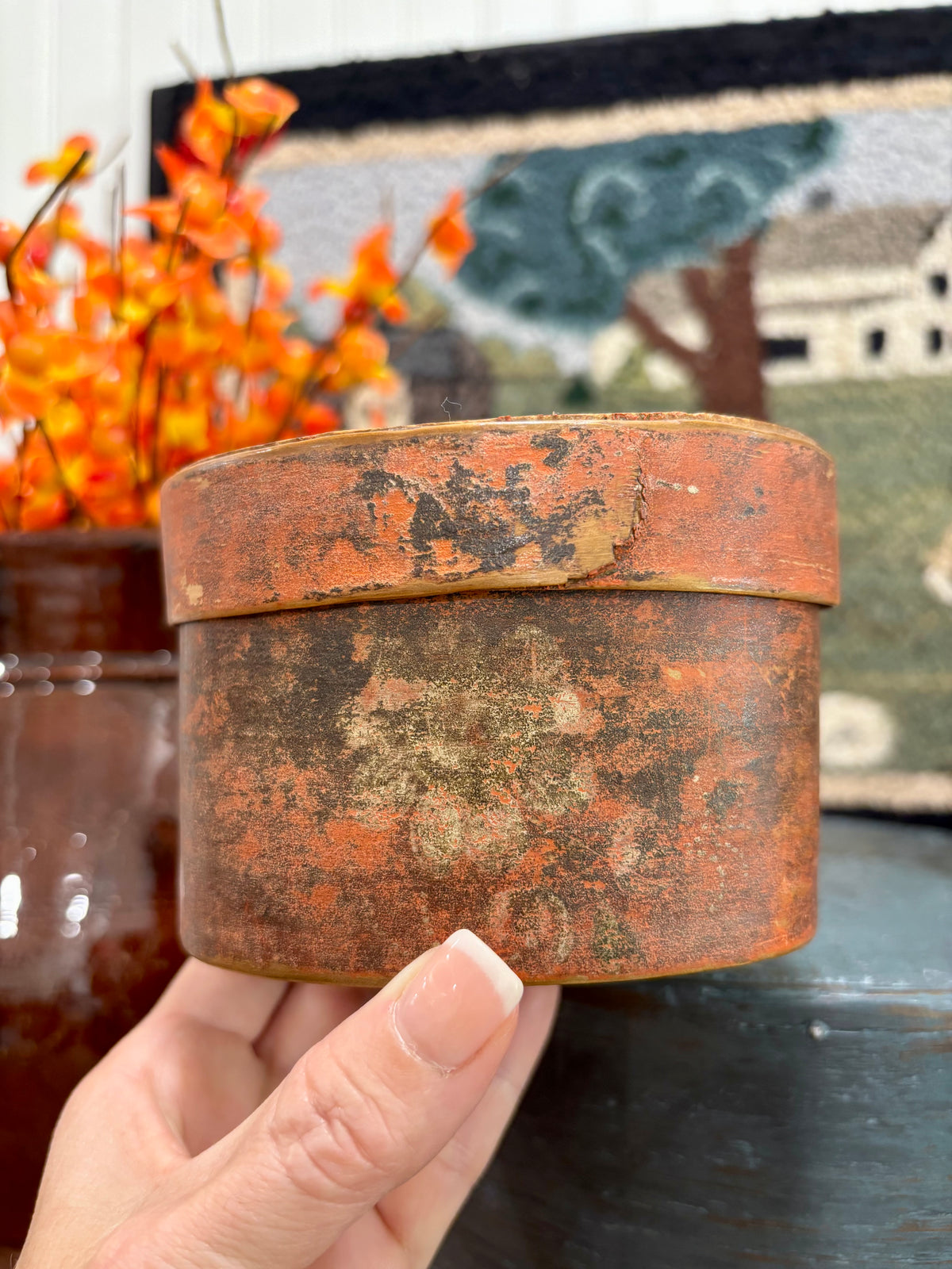 Miniature Salmon-Red Painted Pantry Box with Floral Decoration, c1850–1880