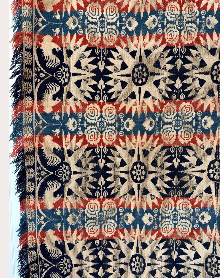 c1850s SIGNED Antique Damask Coverlet, John Bick, Rome, Ohio - Tri-color, Fringe Border, with Eagles