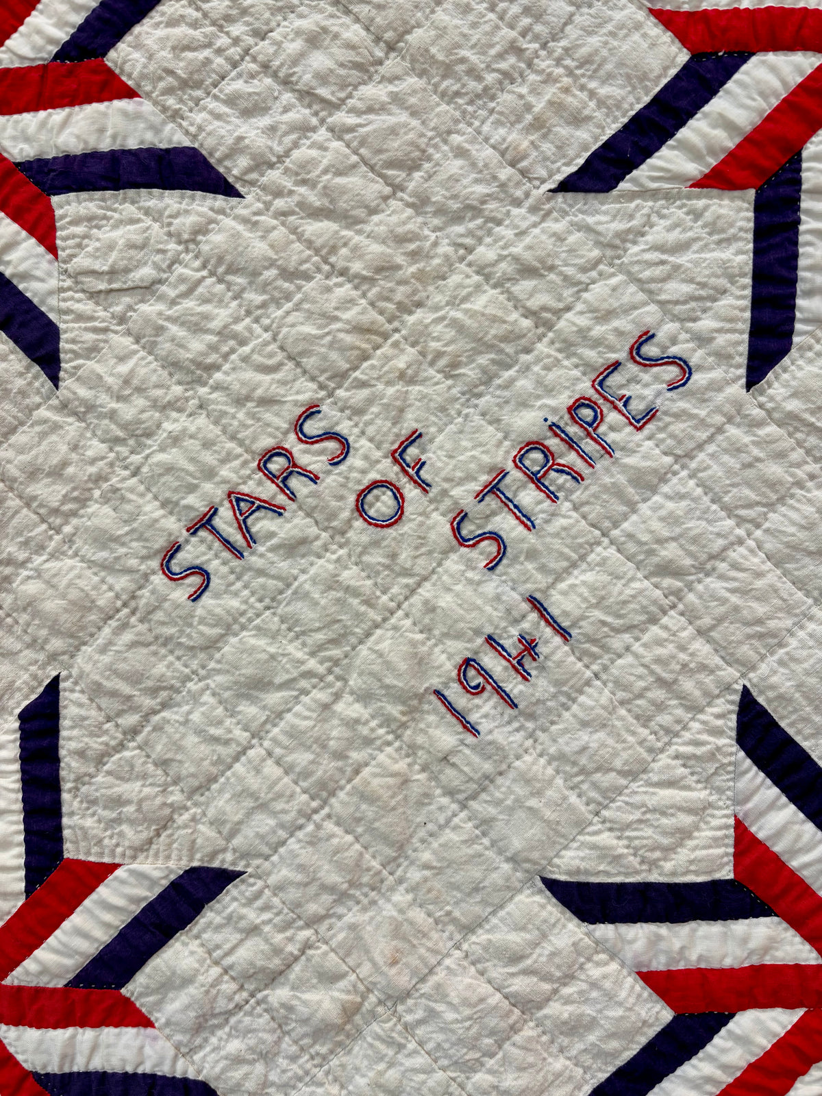 Dated 1941 Patriotic Red, White & Blue Stars Quilt – “Stars of Stripes”
