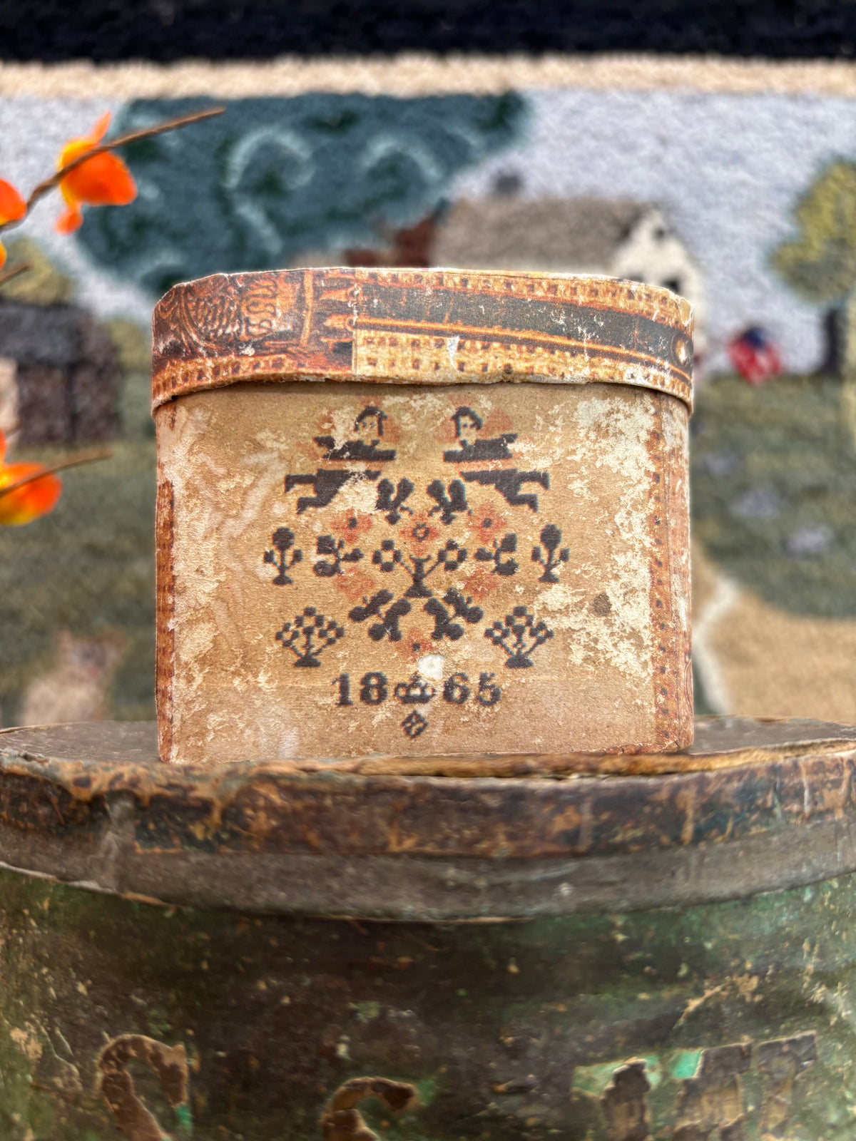 Vintage Miniature Wallpaper-Covered Oval Box