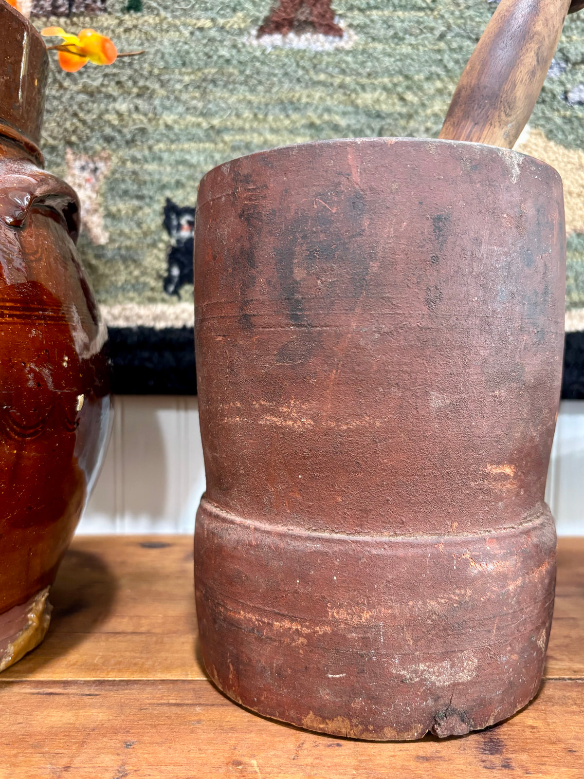 Late 1800s Antique Wooden Mortar & Pestle in Original Red Paint