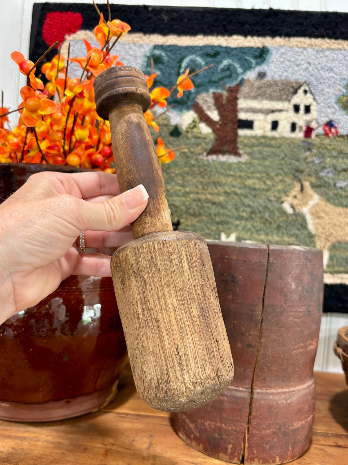 Late 1800s Antique Wooden Mortar & Pestle in Original Red Paint