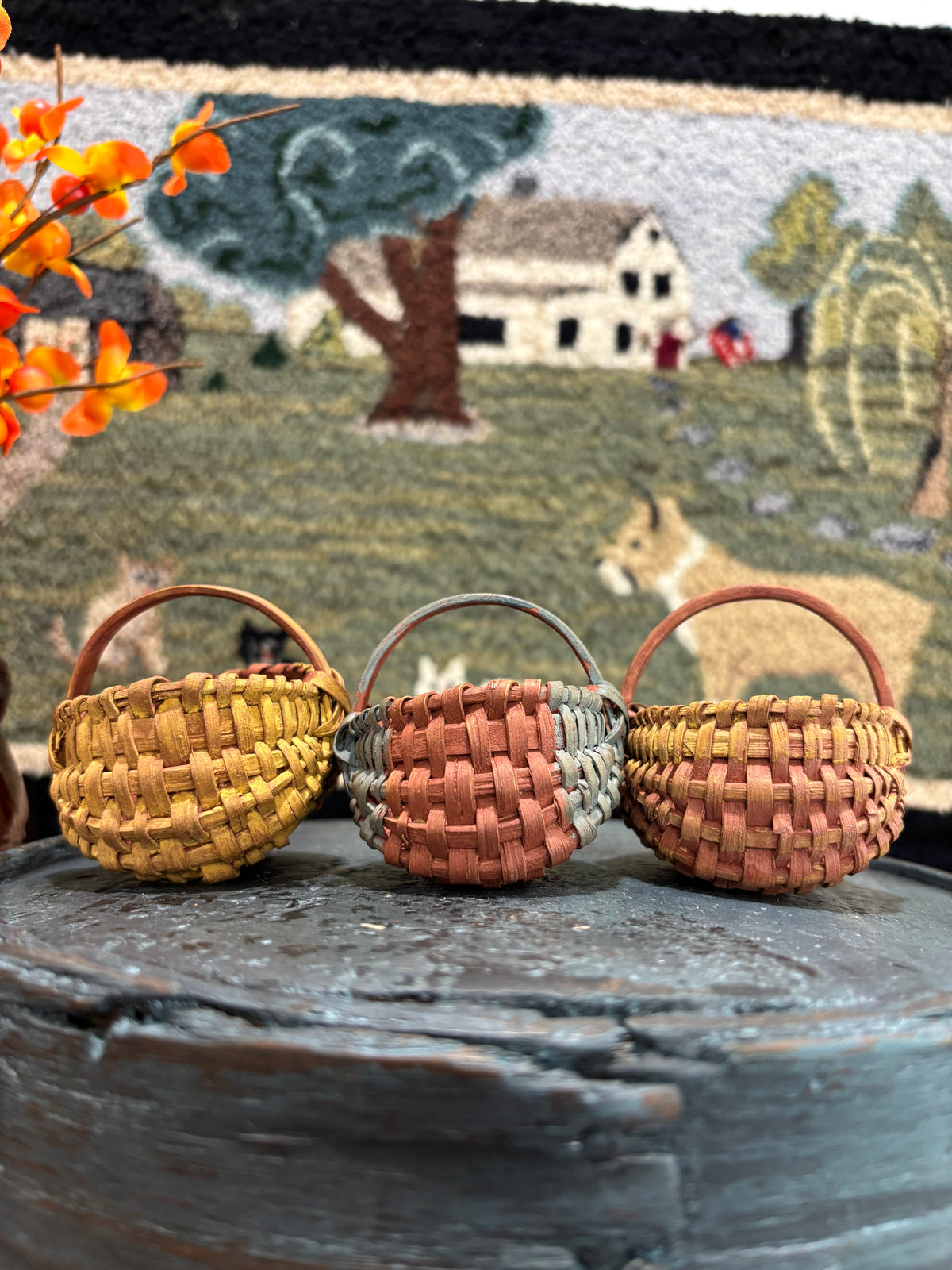 Set of Three Vintage Miniature Handwoven Painted Baskets