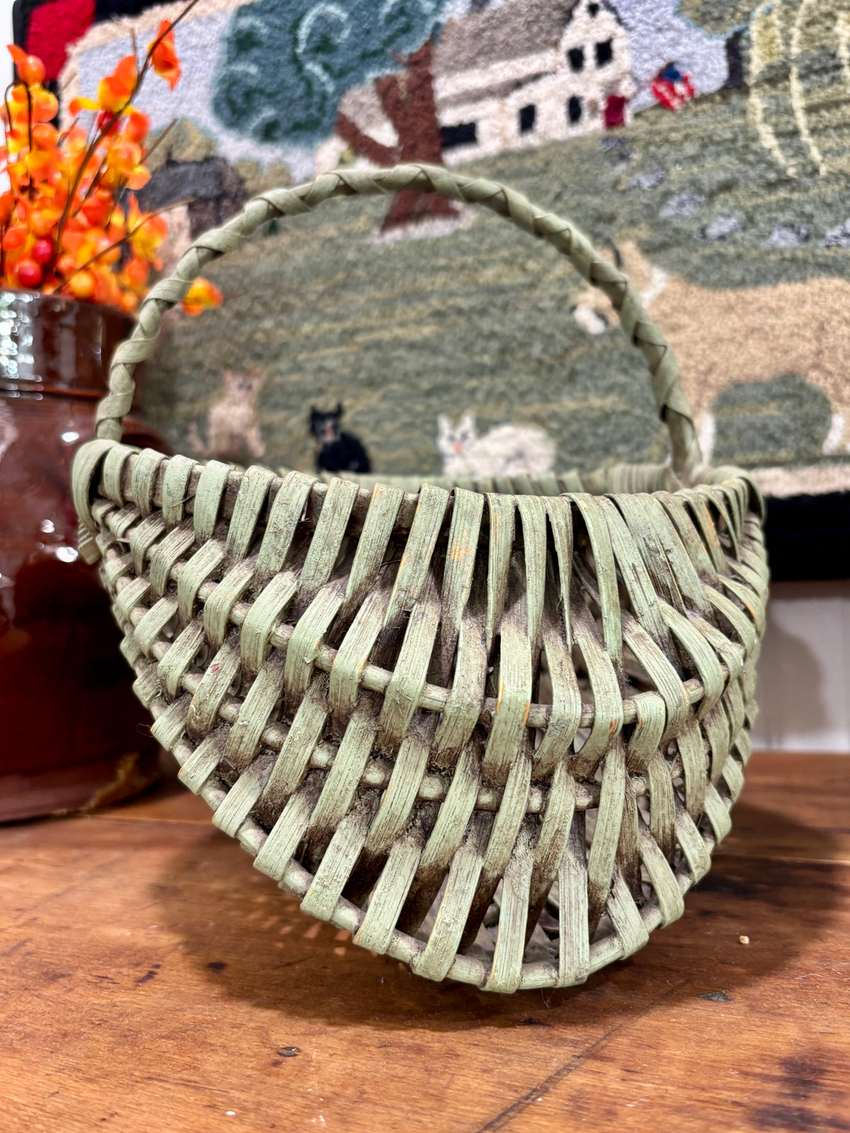 Small Green Painted Splint Basket with Wrapped Handle, c1900–1920