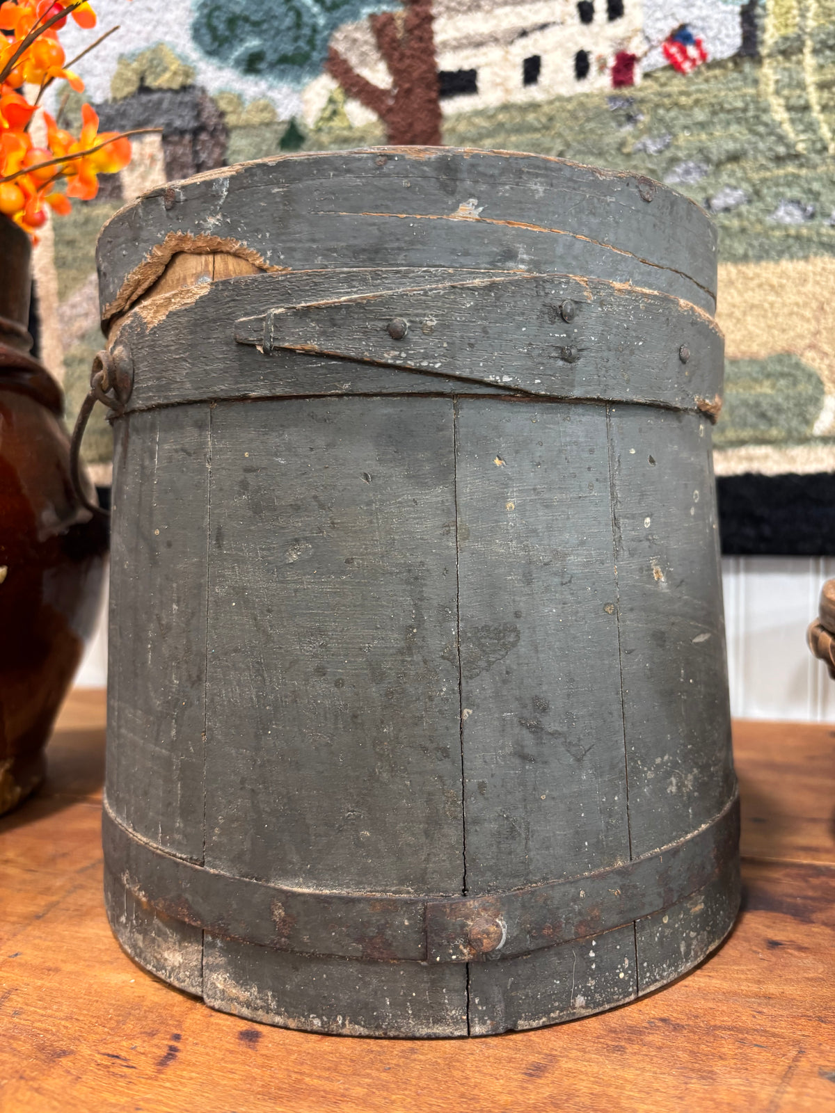 Early Painted Firkin in Blue-Green with Bail Handle, c1860–1880