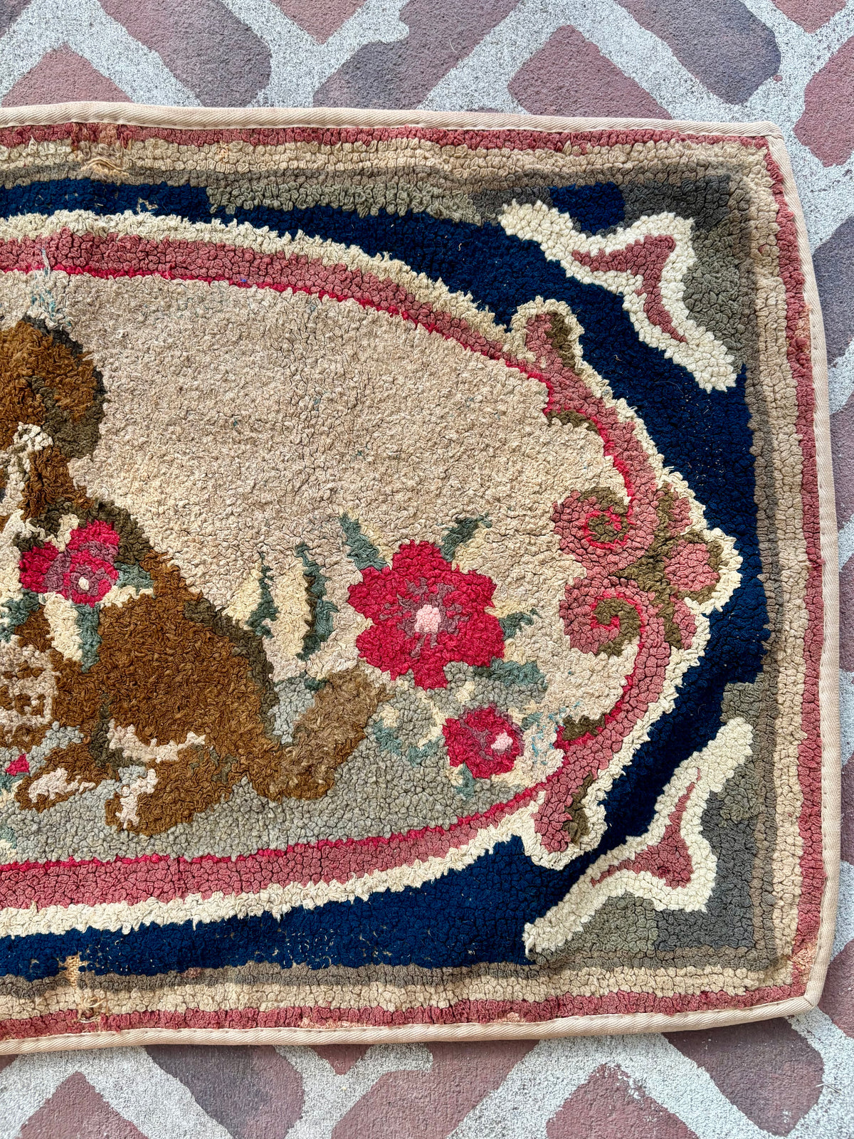 Vintage Hooked Rug with Dog and Roses, c1920–1940