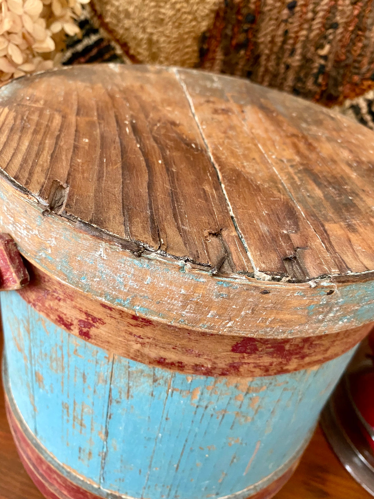 c1880s Antique Sugar Bucket Firkin in Original Red, Blue and White Paint
