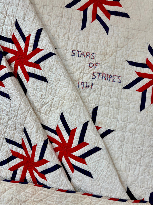 Dated 1941 Patriotic Red, White & Blue Stars Quilt – “Stars of Stripes”