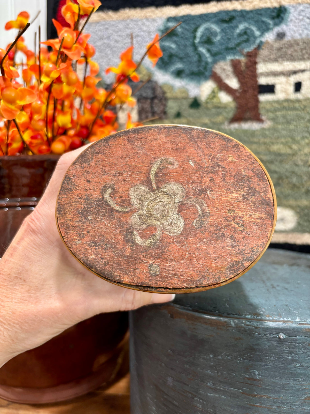 Miniature Salmon-Red Painted Pantry Box with Floral Decoration, c1850–1880
