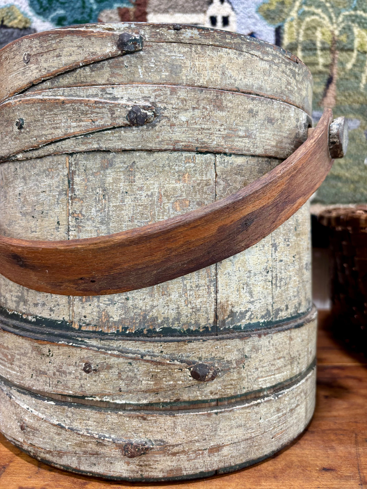 c1870-1880 Antique Firkin in Sage Green Paint