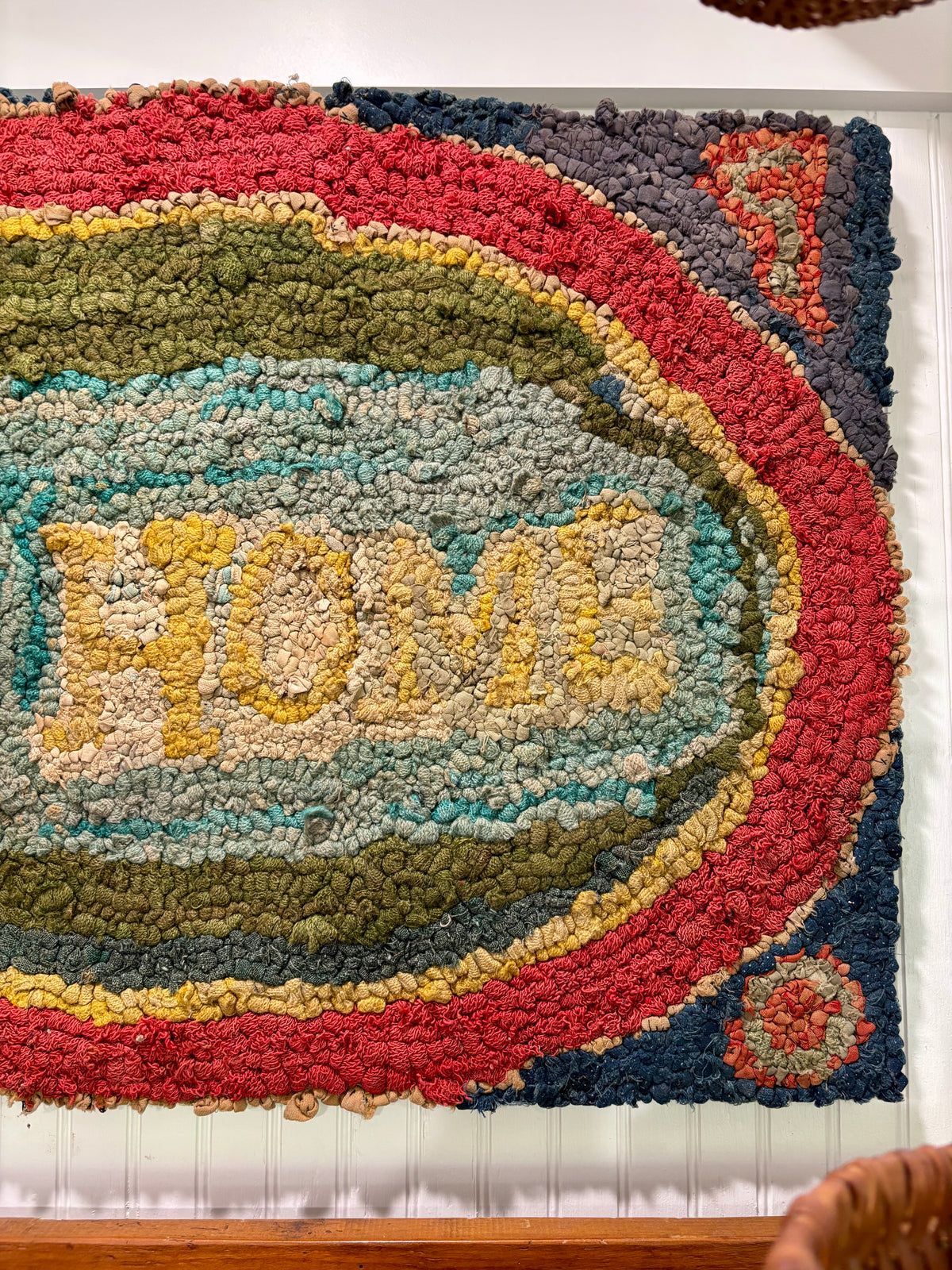 c1920s–1940s “Our Home” Mounted Vintage Hand Hooked Rug - 34 1/2” × 22 1/2”