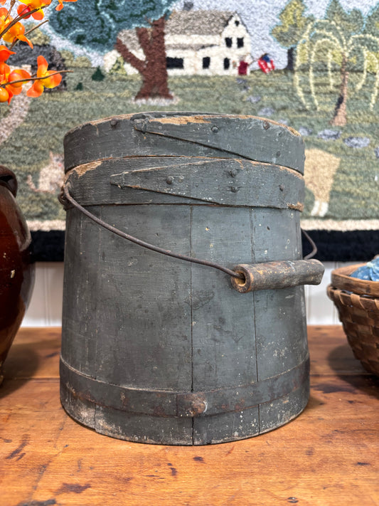 Early Painted Firkin in Blue-Green with Bail Handle, c1860–1880