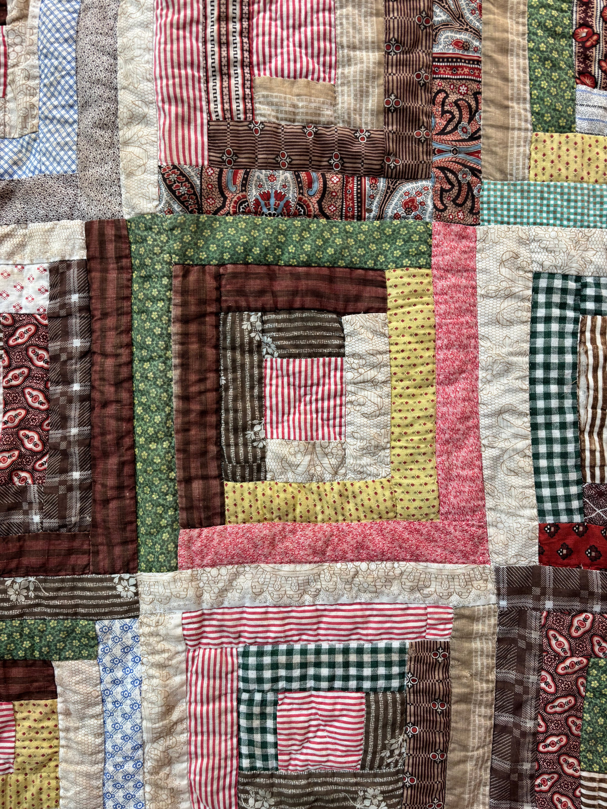 Antique Log Cabin Quilt in Early Calico Prints, c1870–1890
