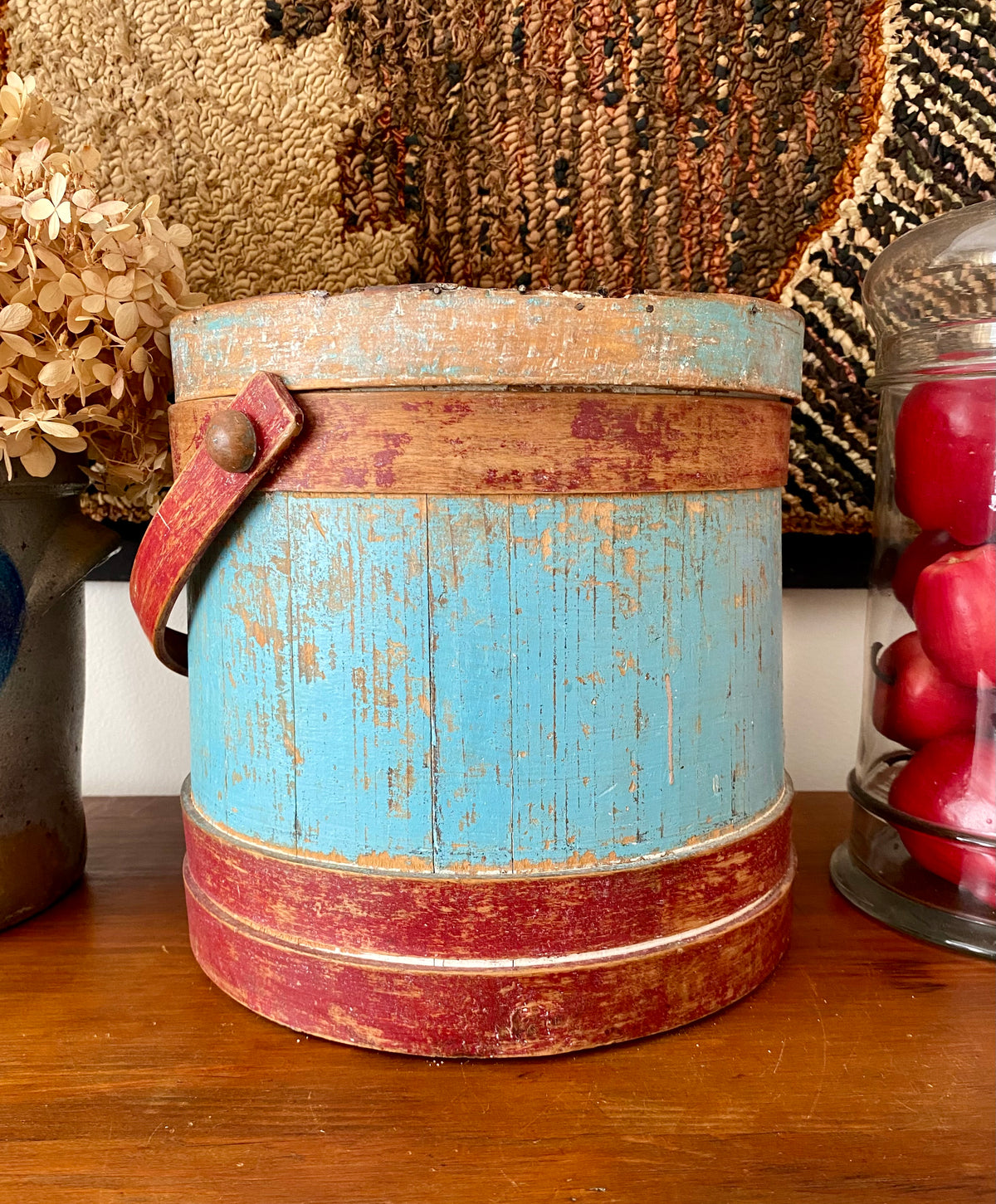 c1880s Antique Sugar Bucket Firkin in Original Red, Blue and White Paint