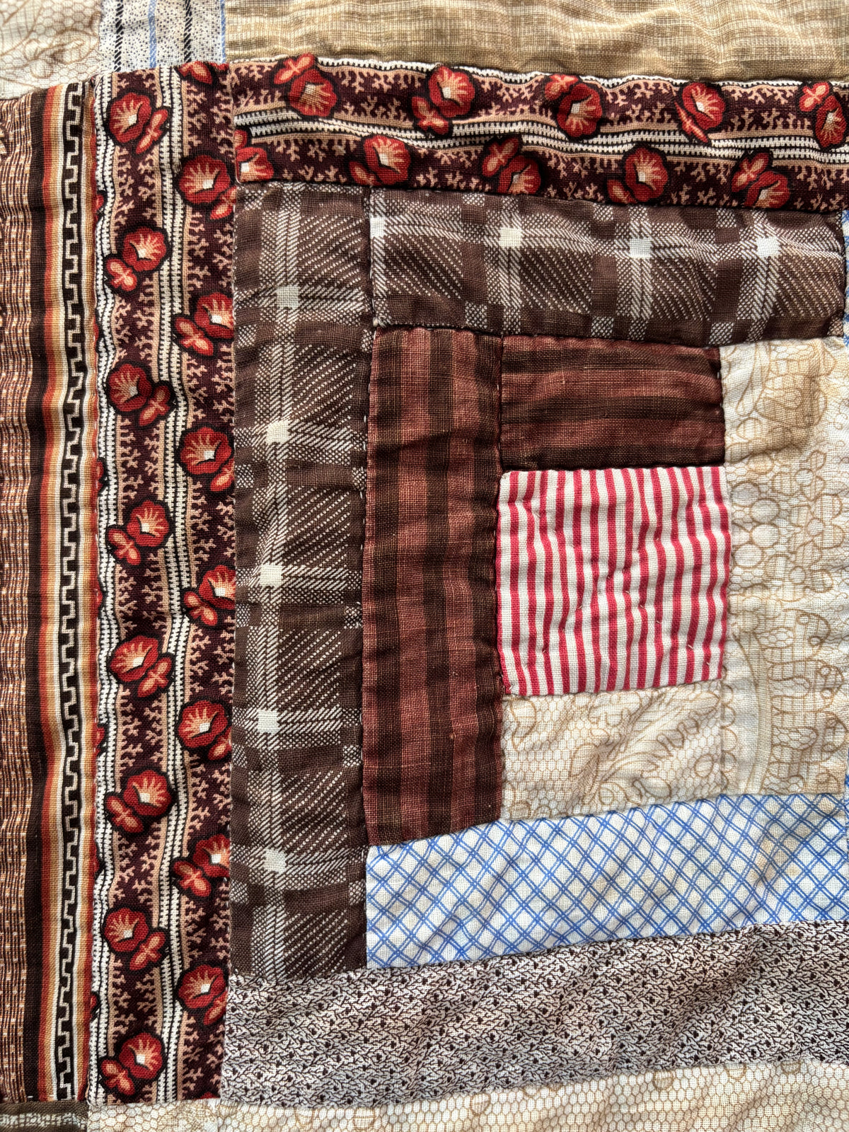 Antique Log Cabin Quilt in Early Calico Prints, c1870–1890