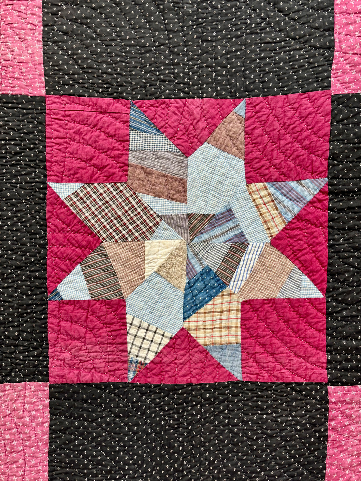Early 1900s Antique Scrappy Eight-Pointed Star Quilt - 63x83”