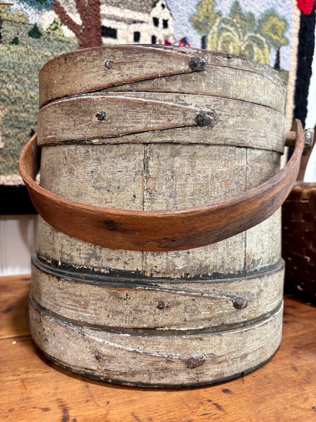 c1870-1880 Antique Firkin in Sage Green Paint