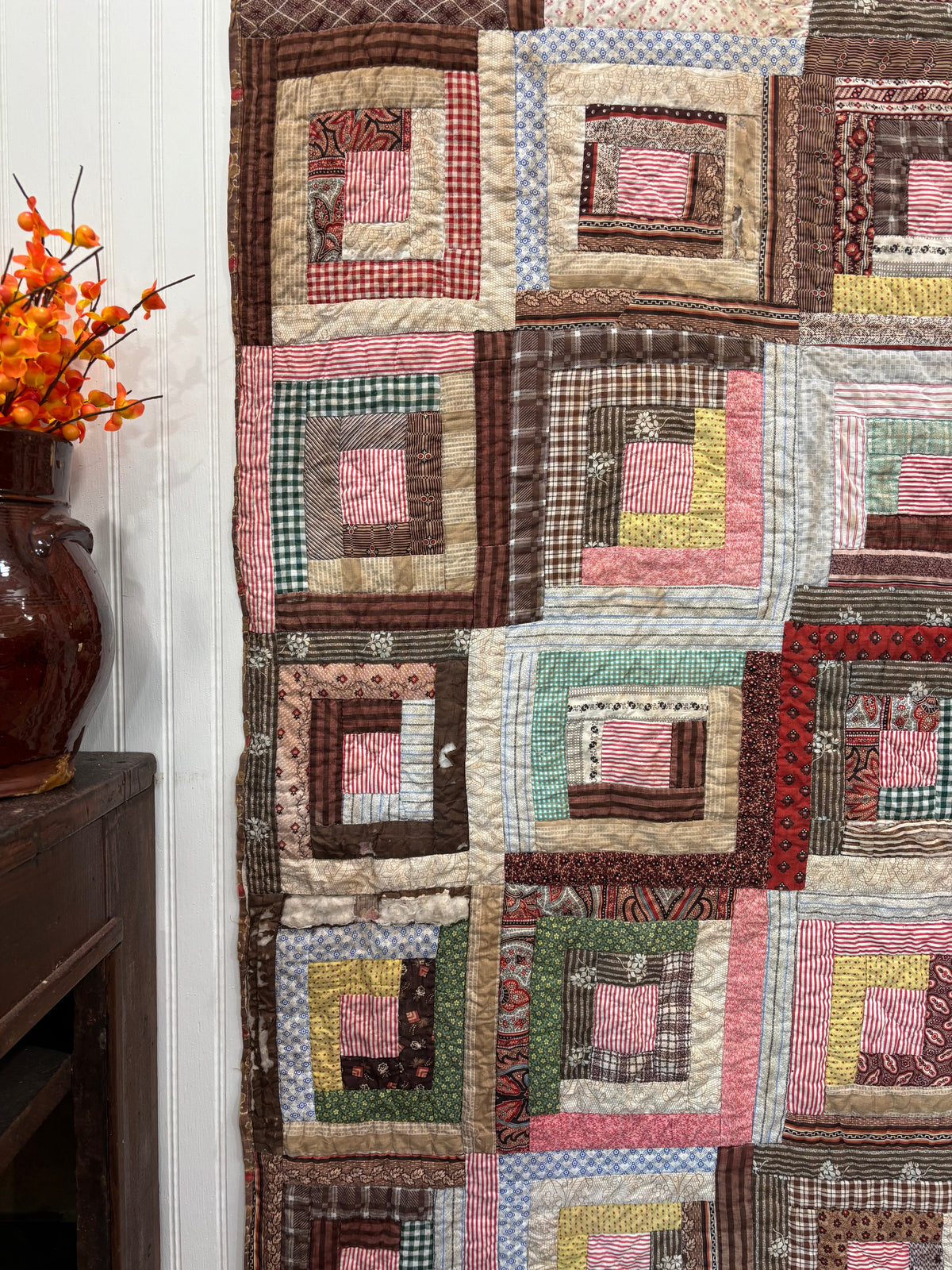 Antique Log Cabin Quilt in Early Calico Prints, c1870–1890